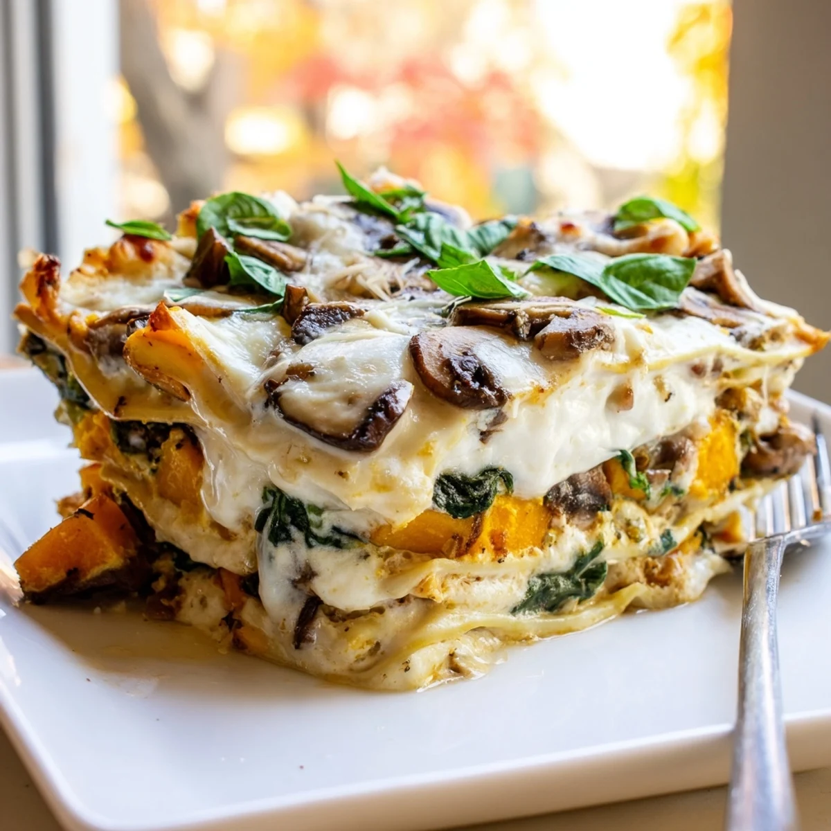 A close-up of golden bubbling Butternut Squash, Spinach & Mushroom Lasagna with creamy layers peeking from the edges.