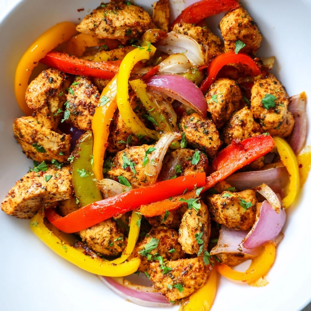 A close-up of Cajun Chicken Bell Peppers Spicy Delight with vibrant peppers and tender chicken pieces glistening in sauce.