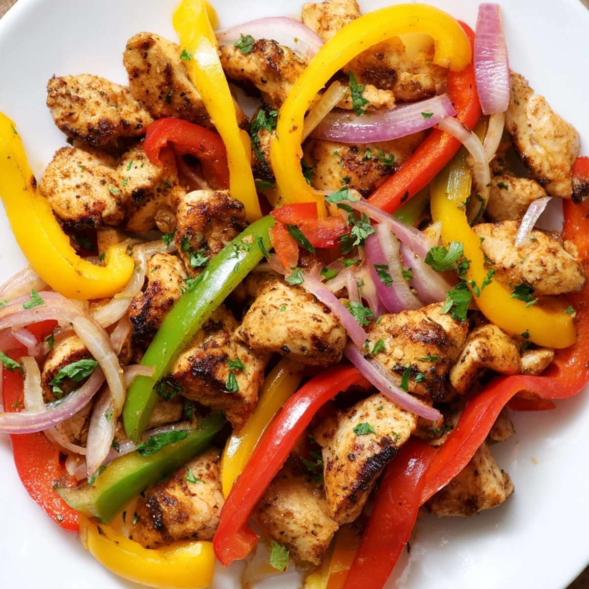 Spicy Delight Cajun Chicken Bell Peppers served steaming hot in a skillet, garnished with fresh parsley and lemon wedges.