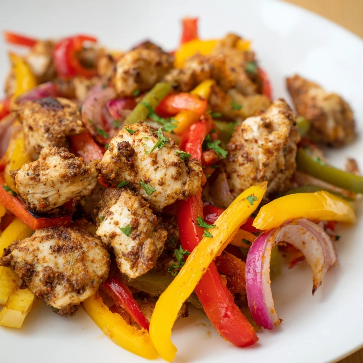 Cajun Chicken Bell Peppers Spicy Delight plated over fluffy rice, with colorful peppers and onions for a hearty meal.
