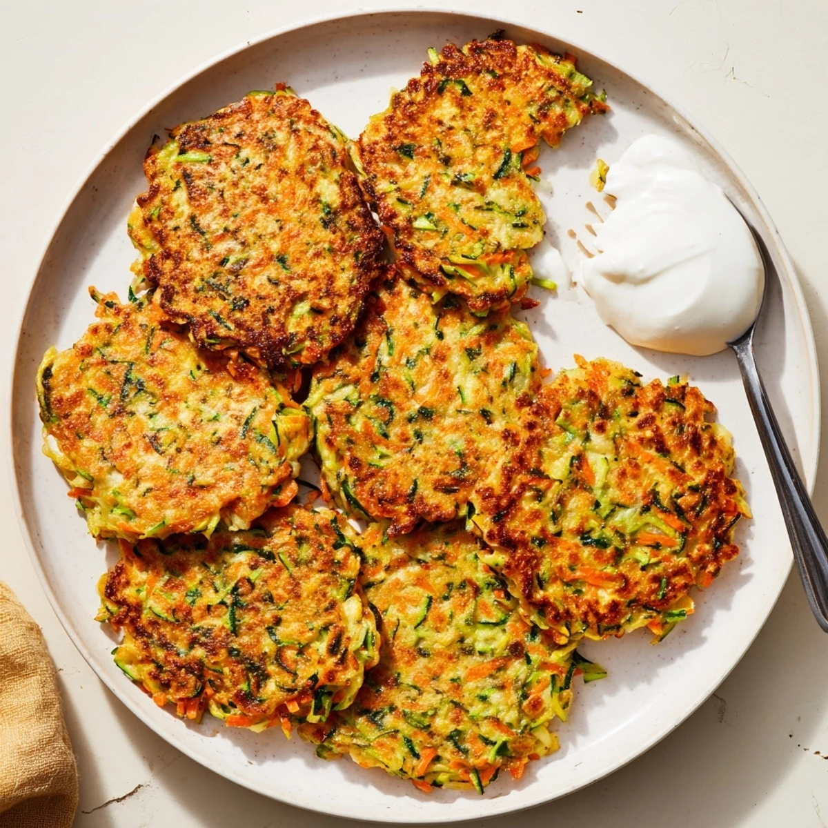 Crispy Easy Zucchini Fritters served golden brown on a white plate with a creamy dip.