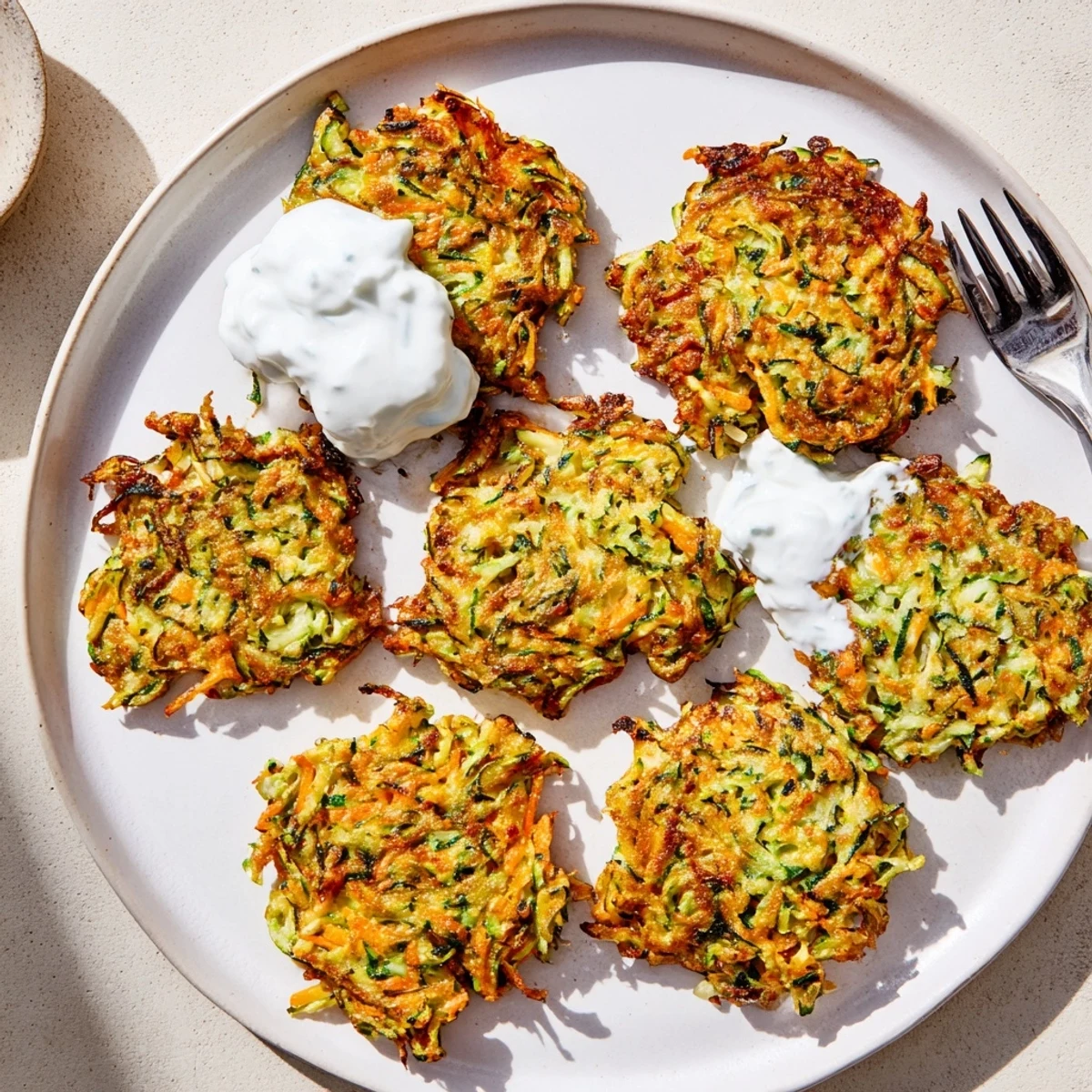 Golden Crispy Easy Zucchini Fritters are stacked high, showing off their crunchy, grated zucchini texture.