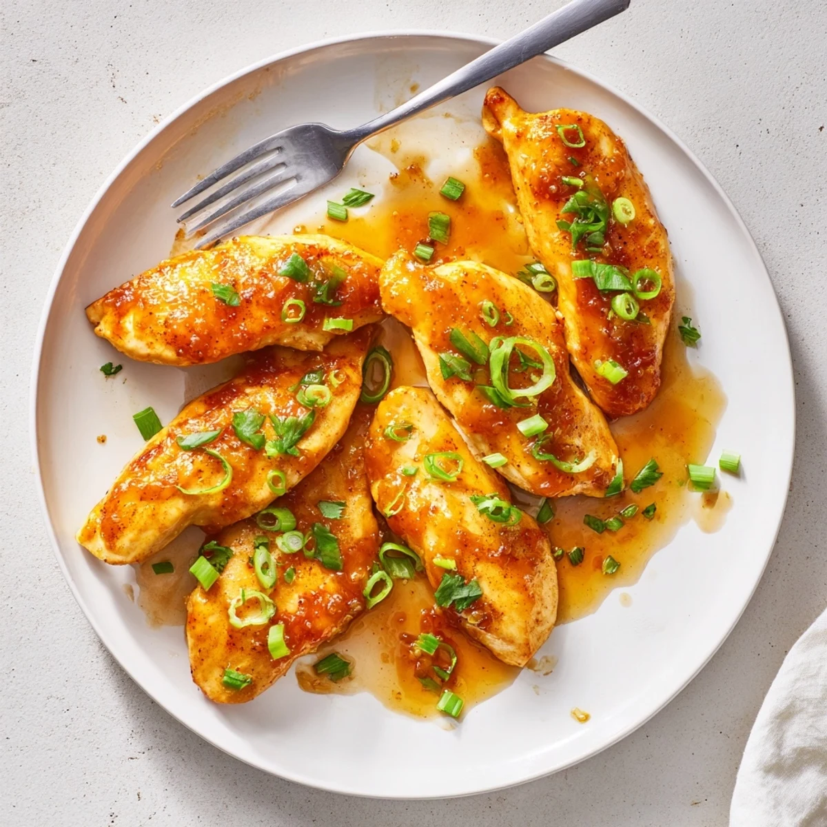 Juicy chicken breasts coated in glossy apricot sauce, garnished with fresh parsley and green onions on a white plate.