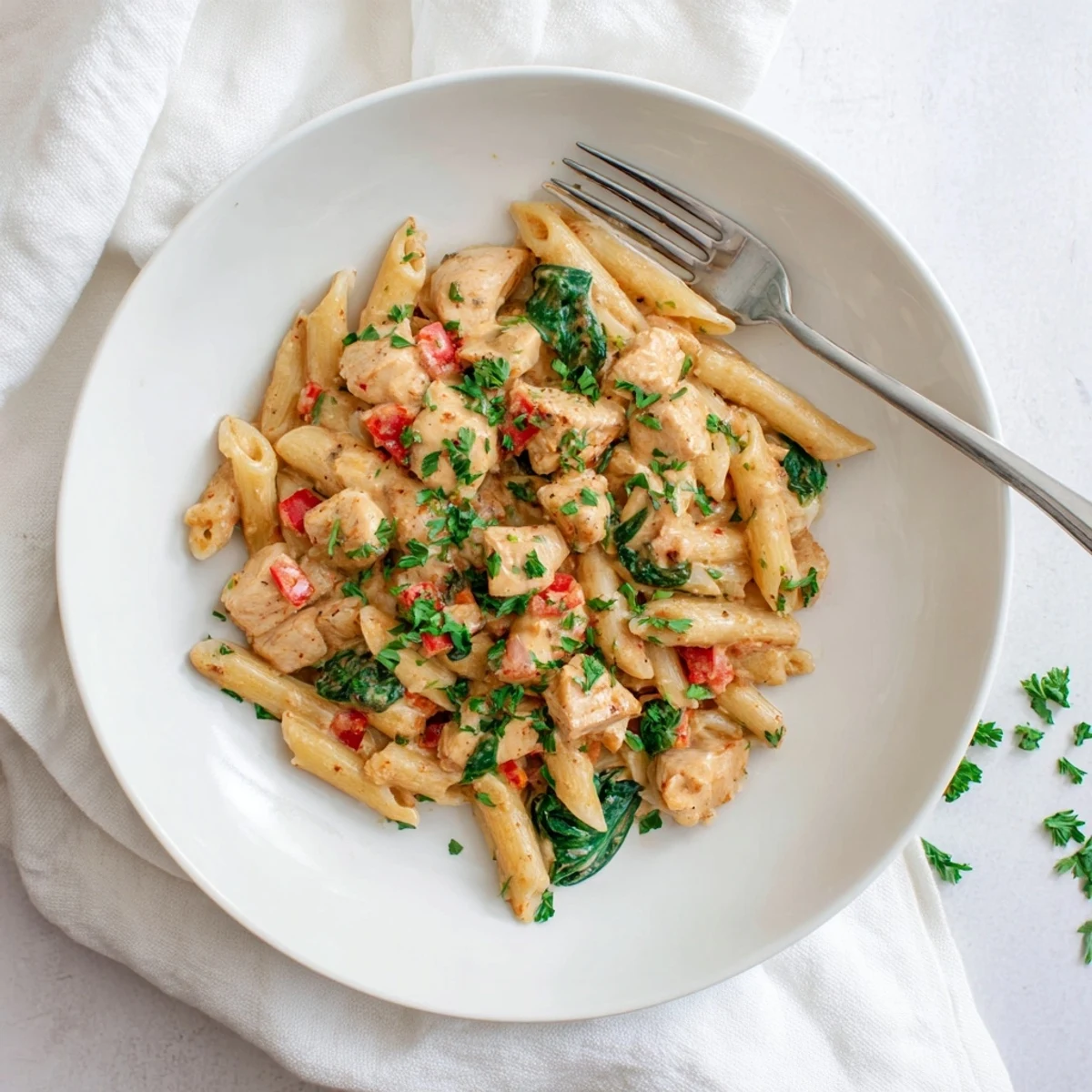One pan creamy chicken pasta simmering in a rich, velvety sauce with tender chicken and wilted spinach.