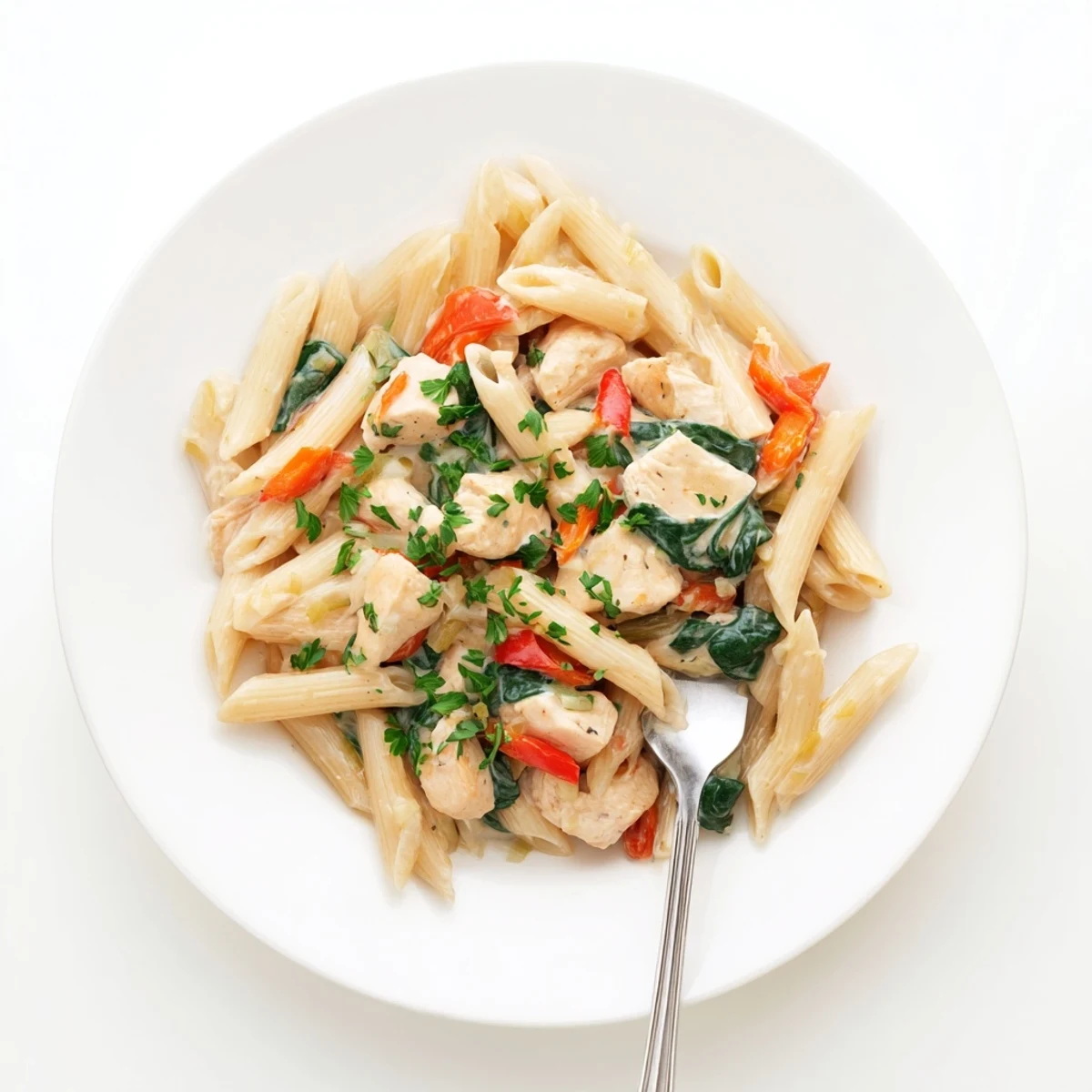 A close-up of One pan creamy chicken pasta garnished with fresh parsley and melted Parmesan on the table.