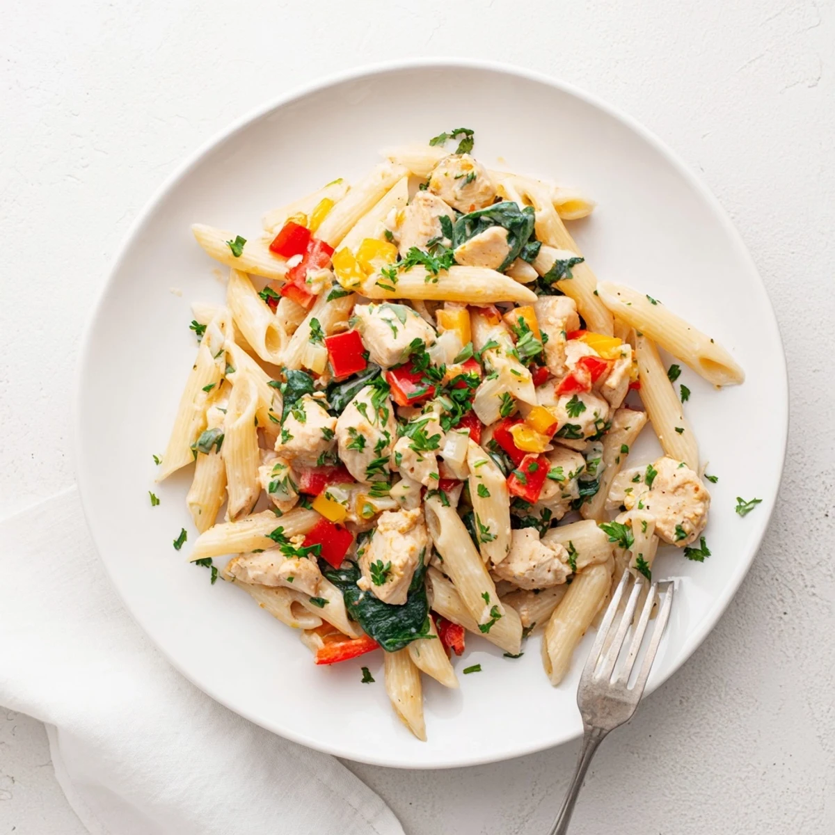 Golden one pan creamy chicken pasta served from the skillet with bright red bell peppers and garlic.