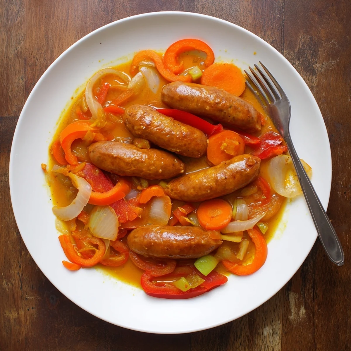 In this photo of Sweet and Sausage Curry, juicy pork sausages and red bell peppers simmer in a thick, aromatic gravy alongside tender apple cubes.