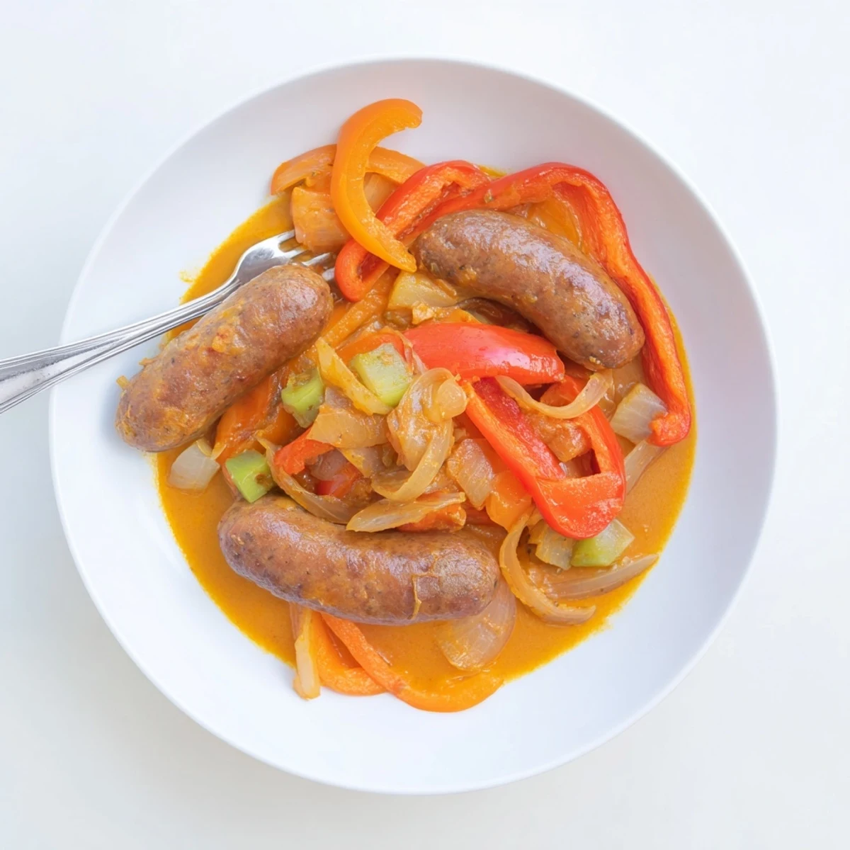 Steam rises from a skillet of Sweet and Sausage Curry as a swirl of creamy yogurt is added to the rich, spiced tomato-based sauce.