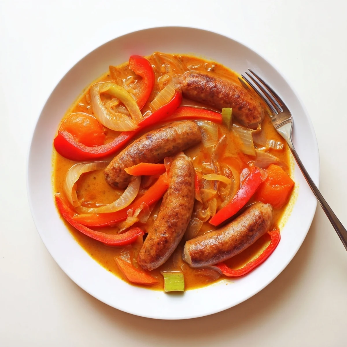 A comforting bowl of Sweet and Sausage Curry is served over fluffy white rice with a side of warm naan bread, highlighting its fusion British-Indian style.