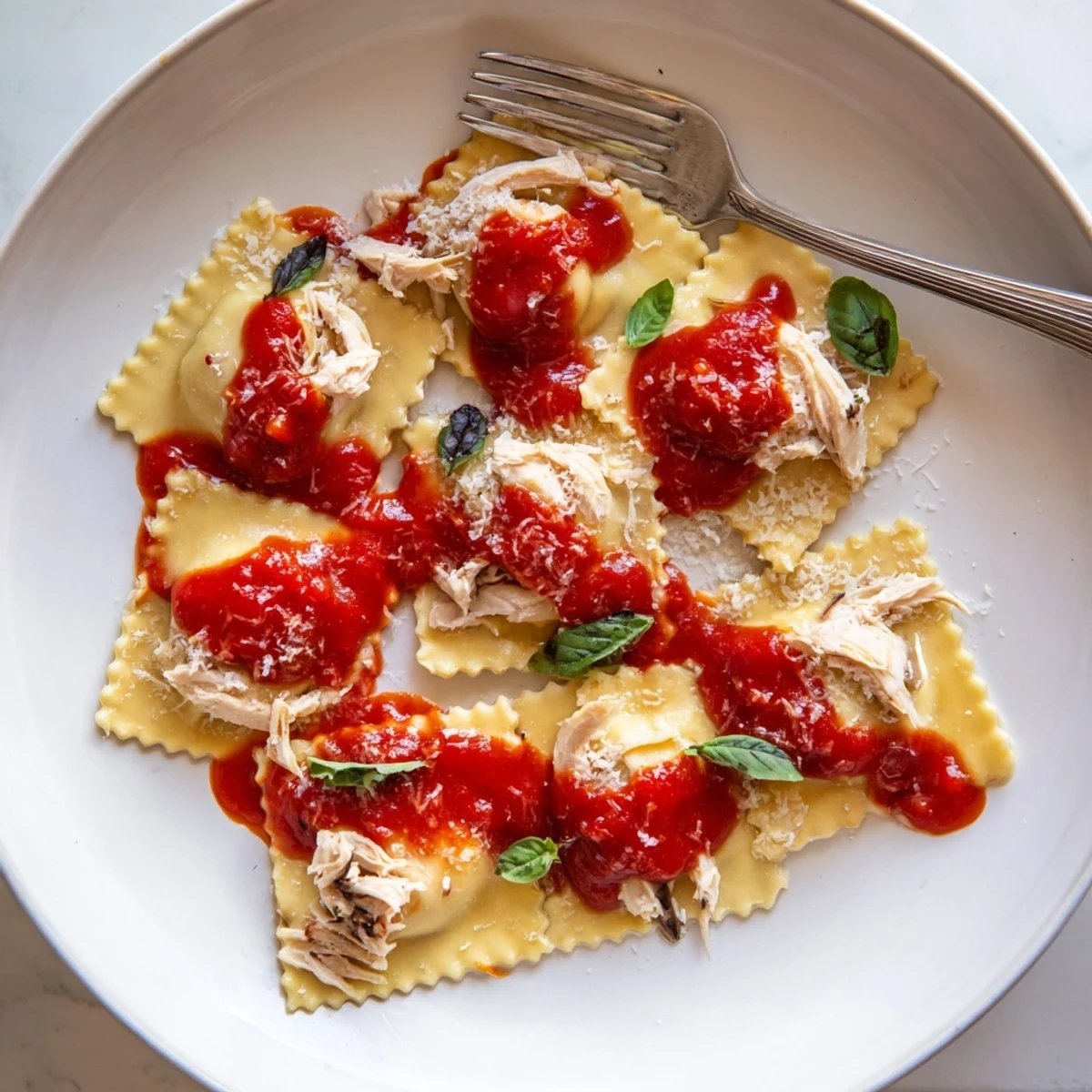 Golden-brown edges on homemade chicken and mushroom ravioli, served with a vibrant tomato sauce and basil.
