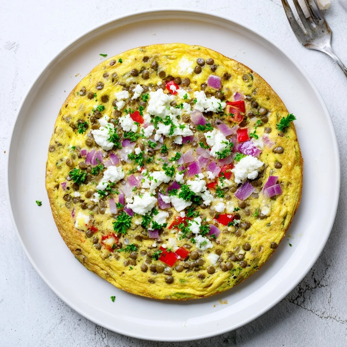 Golden-brown Healthy Lentil and Feta Frittata slice showing fluffy eggs, vibrant spinach, red bell pepper, and crumbled feta cheese.
