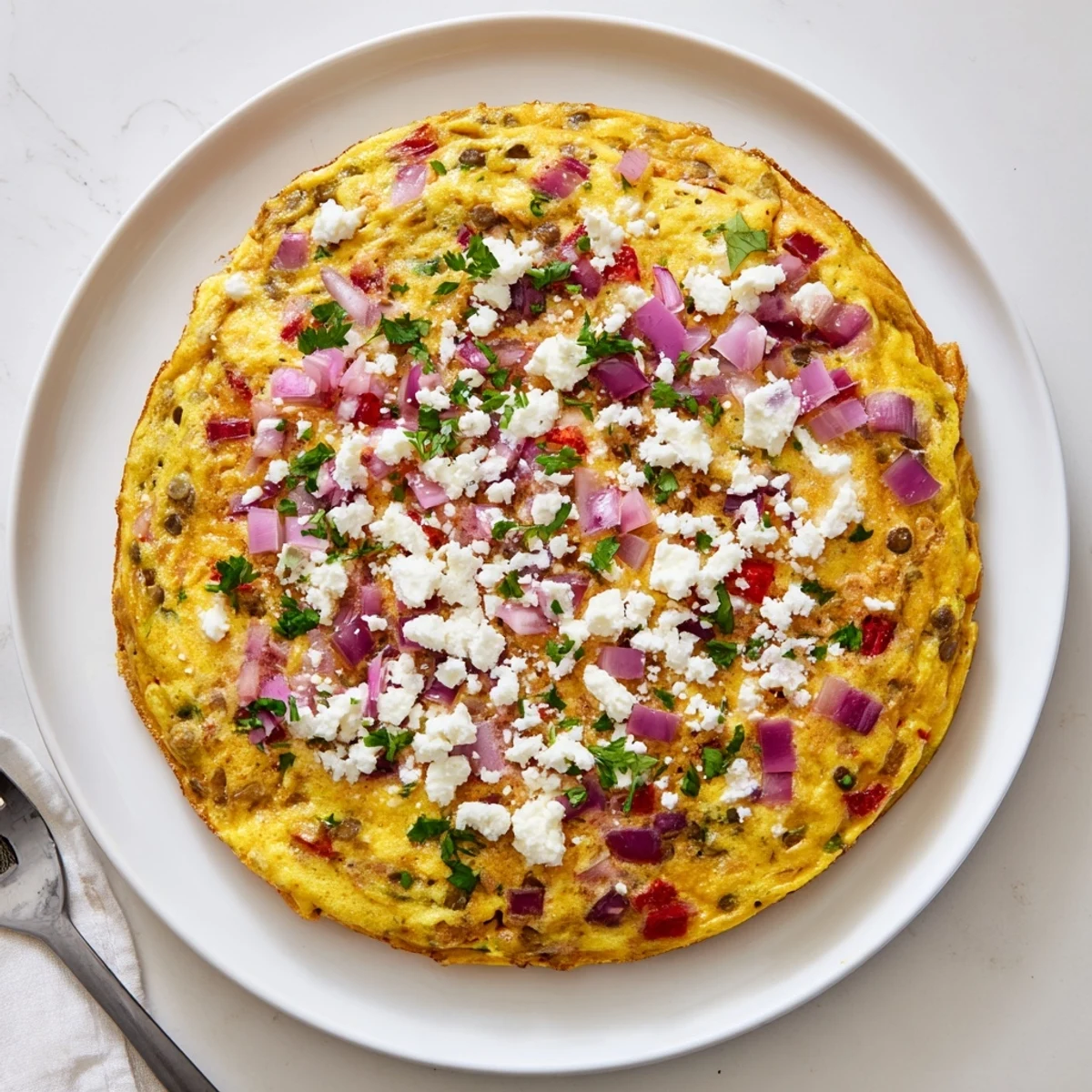 Warm Healthy Lentil and Feta Frittata served fresh from the oven in a skillet, garnished with parsley and ready to eat.