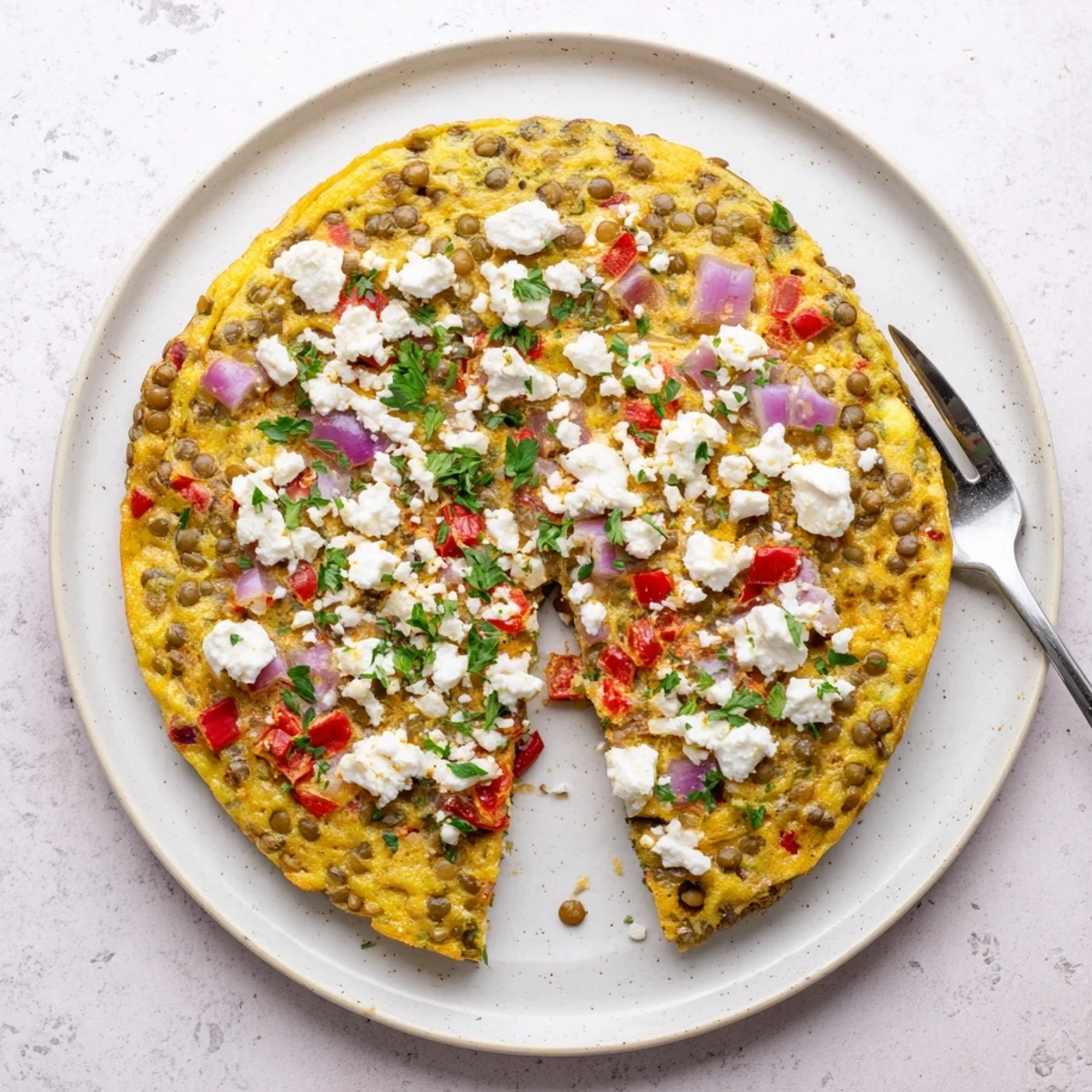 Sliced wedge of Healthy Lentil and Feta Frittata on a white plate with a side salad, highlighting Mediterranean vegetarian ingredients.