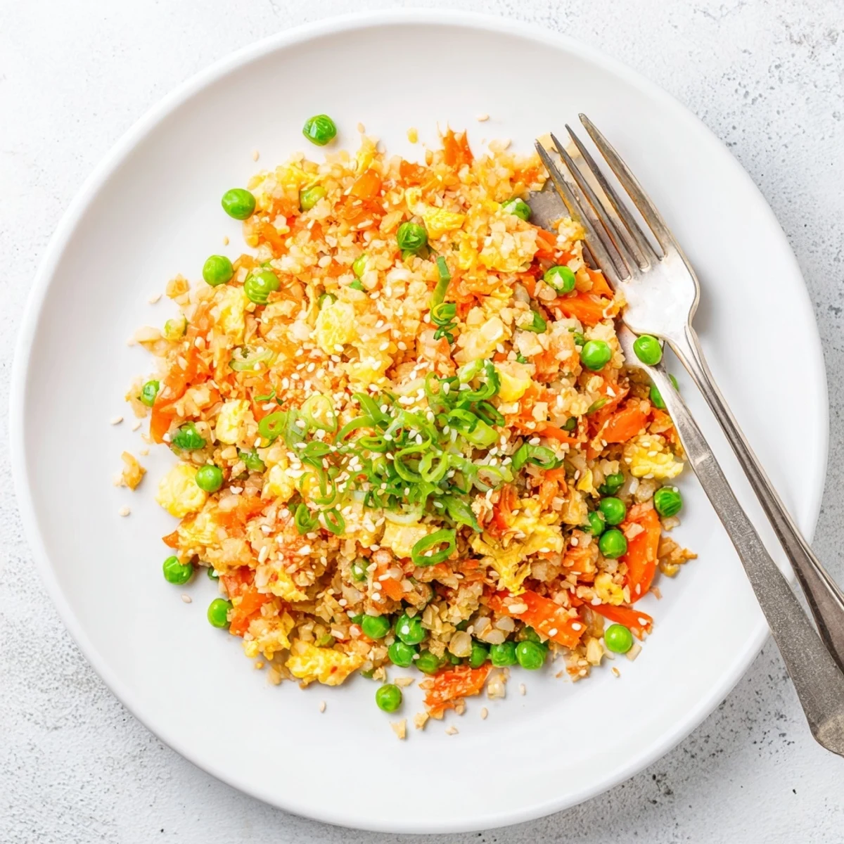 A close-up of Cauliflower Fried Rice with Kimchi and Eggs, featuring fluffy rice, chopped kimchi, and scrambled eggs.