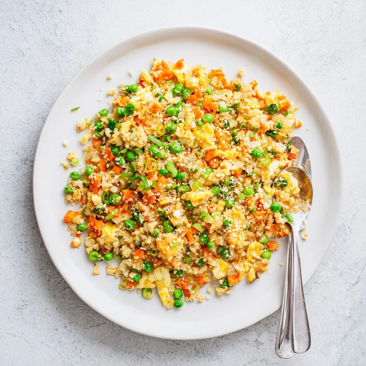 Warm Cauliflower Fried Rice with Kimchi and Eggs in a skillet, garnished with green onions and sesame seeds.