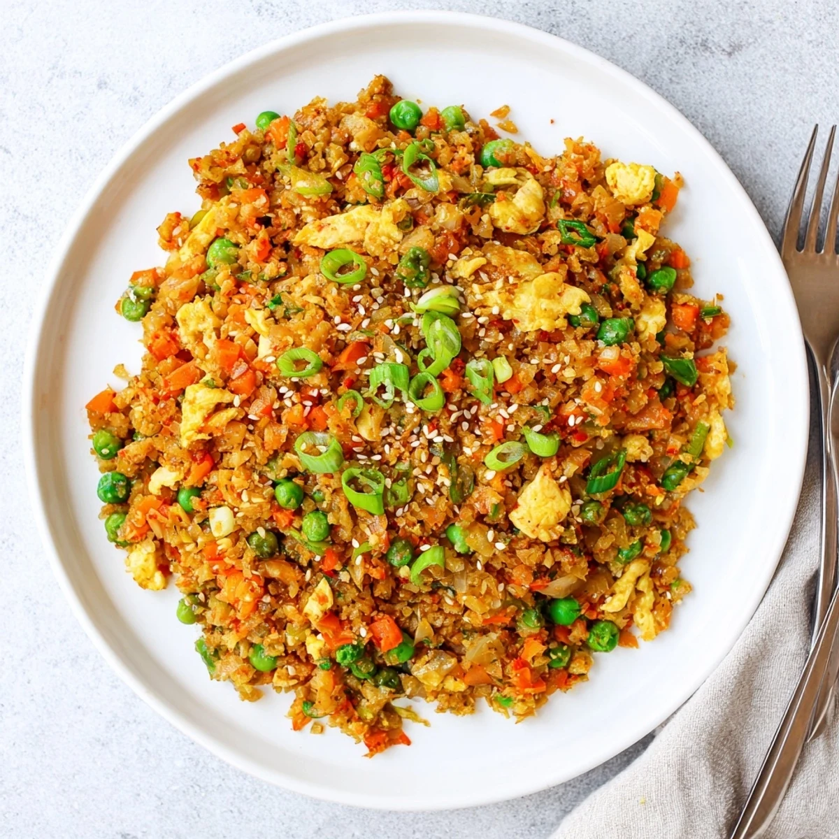 A serving of Cauliflower Fried Rice with Kimchi and Eggs topped with extra kimchi and eggs for a flavorful meal.