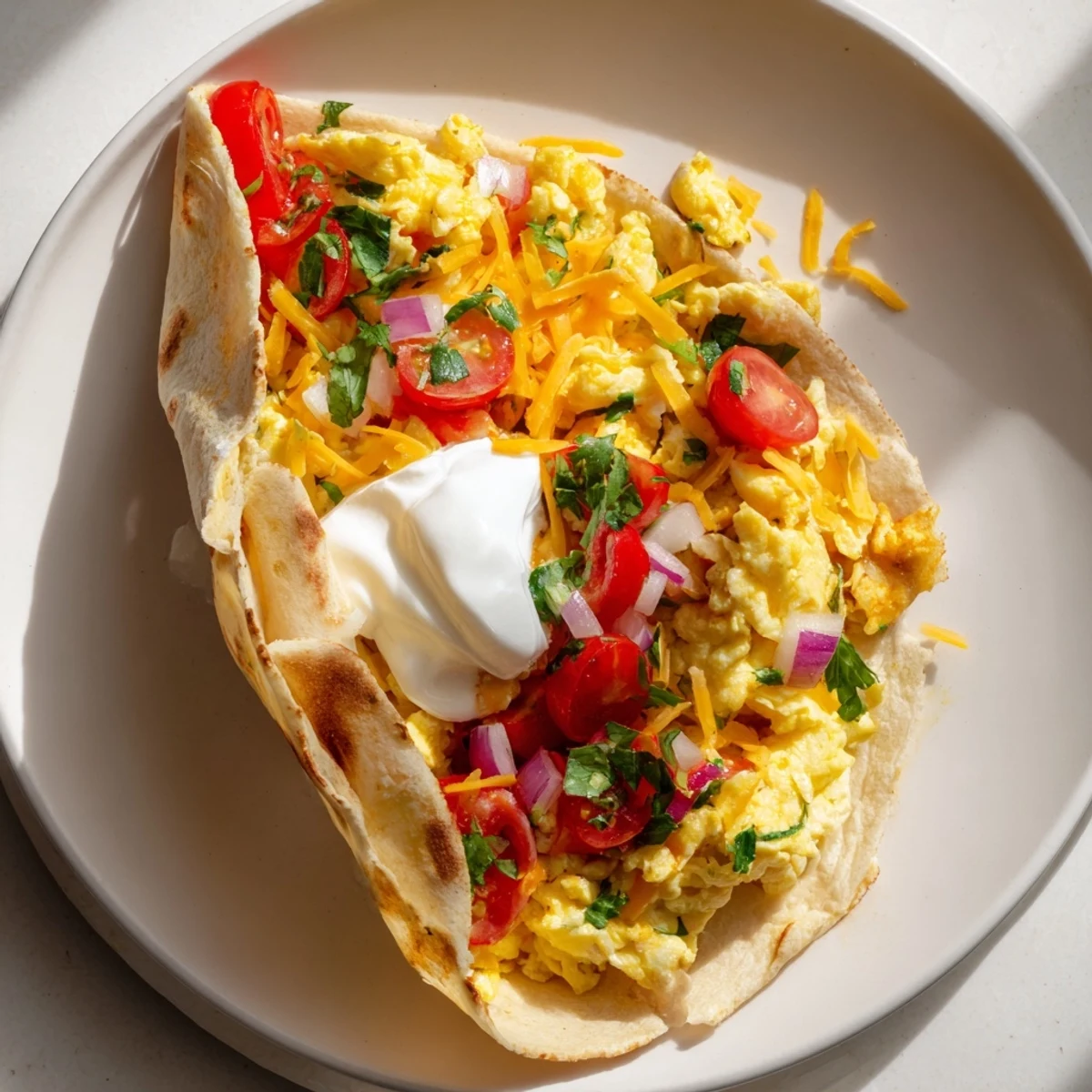 A close-up of Tex Mex Egg Tortilla Pockets cut in half, showing fluffy scrambled eggs, melted cheddar, and colorful peppers.