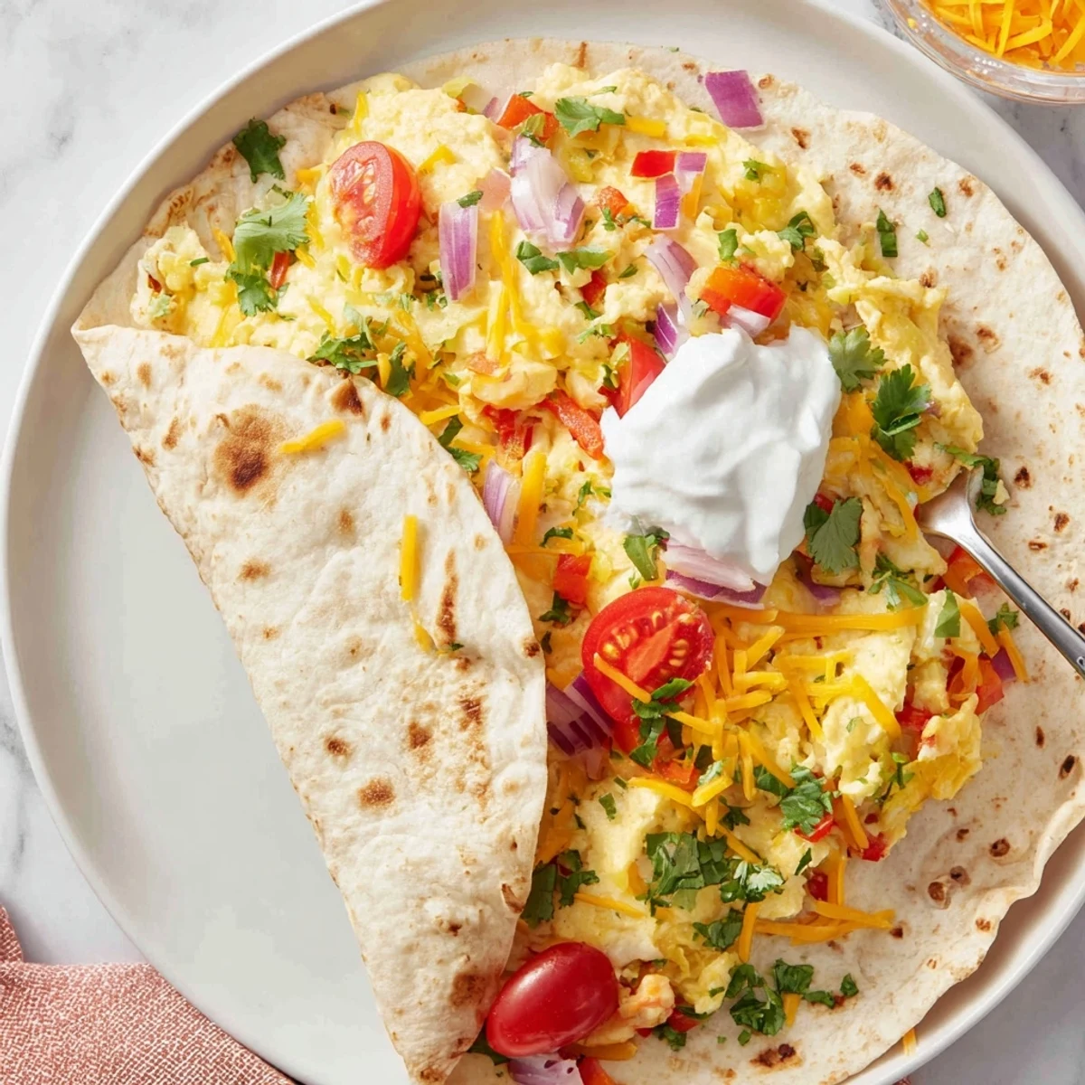 A steaming Tex Mex Egg Tortilla Pocket held in hands, with a side of salsa and sour cream for dipping.