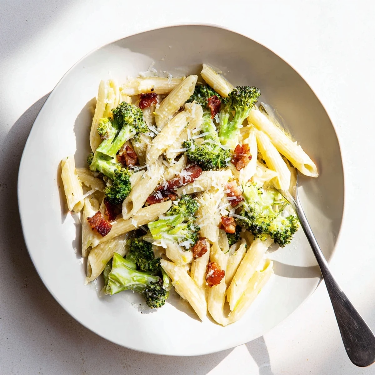 Forkful of bacon broccoli and parmesan pasta twirled on a fork with creamy sauce and tender florets.