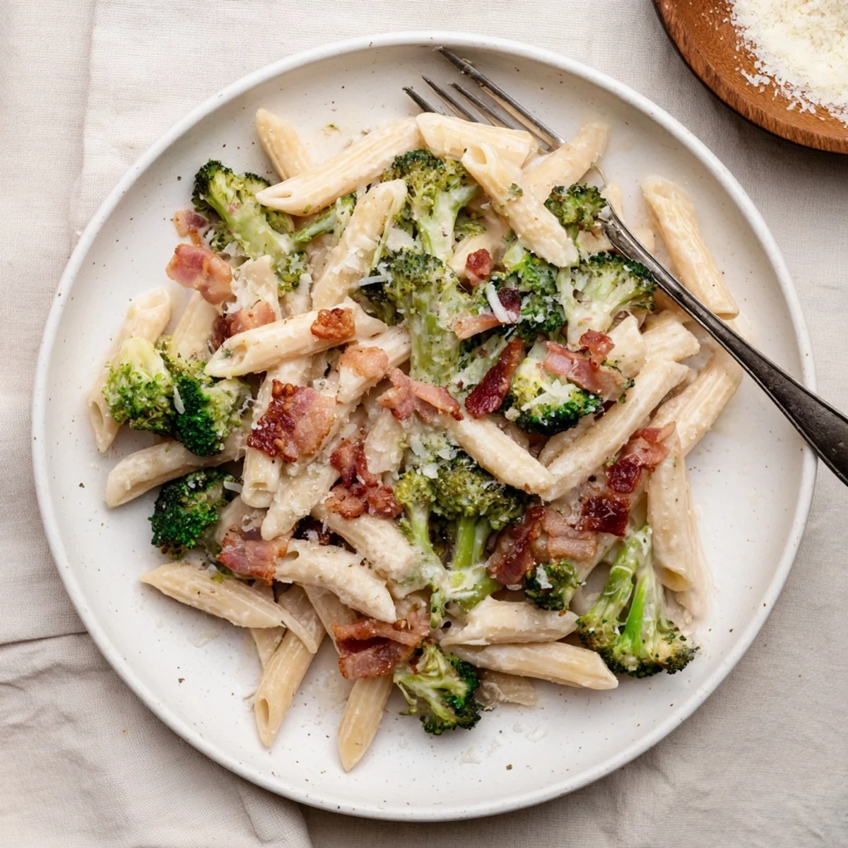 Bacon broccoli and parmesan pasta served warm in a skillet, garnished with extra cheese and red pepper flakes.