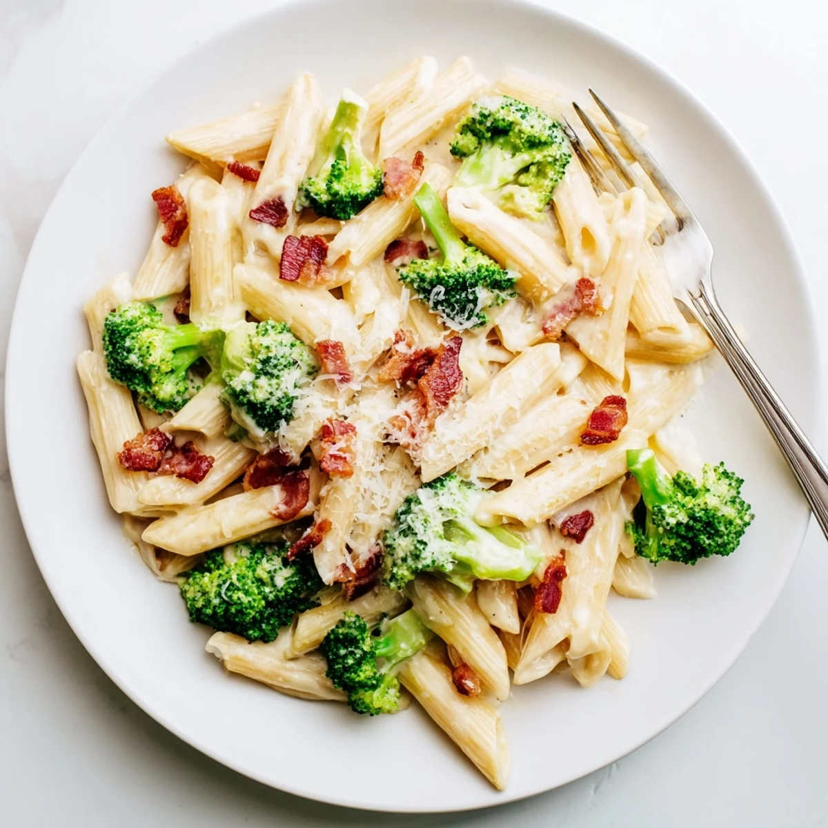Platter of bacon broccoli and parmesan pasta with crisp bacon bits, al dente penne, and glistening olive oil sauce.