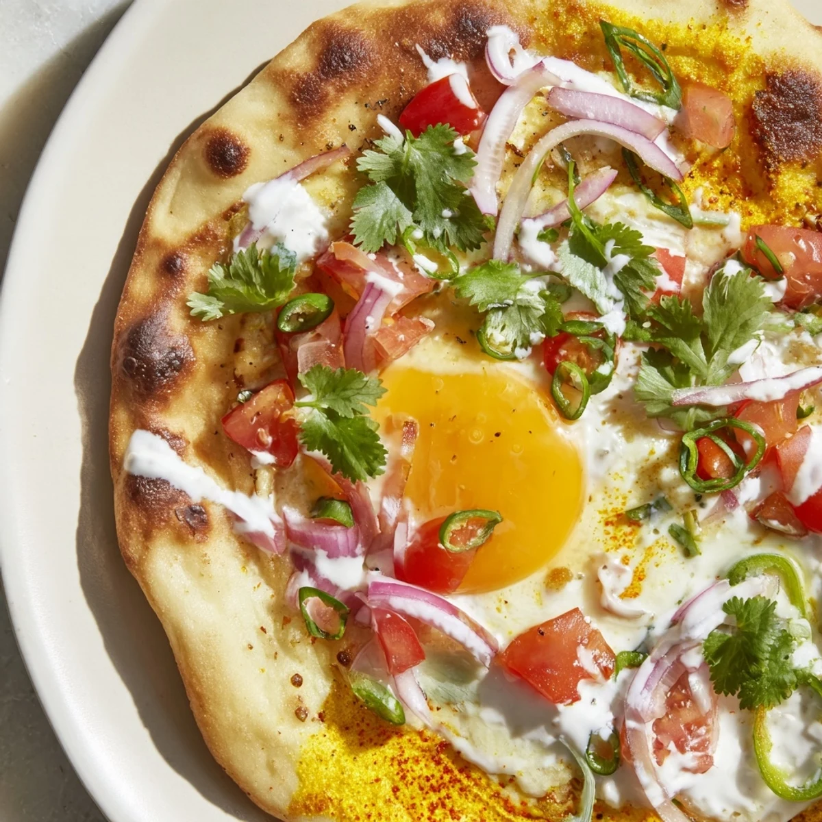 Warmed naan brushed with butter supports a curried fried egg topped with fresh tomato and cilantro in this Curried Fried Egg Open Naan.