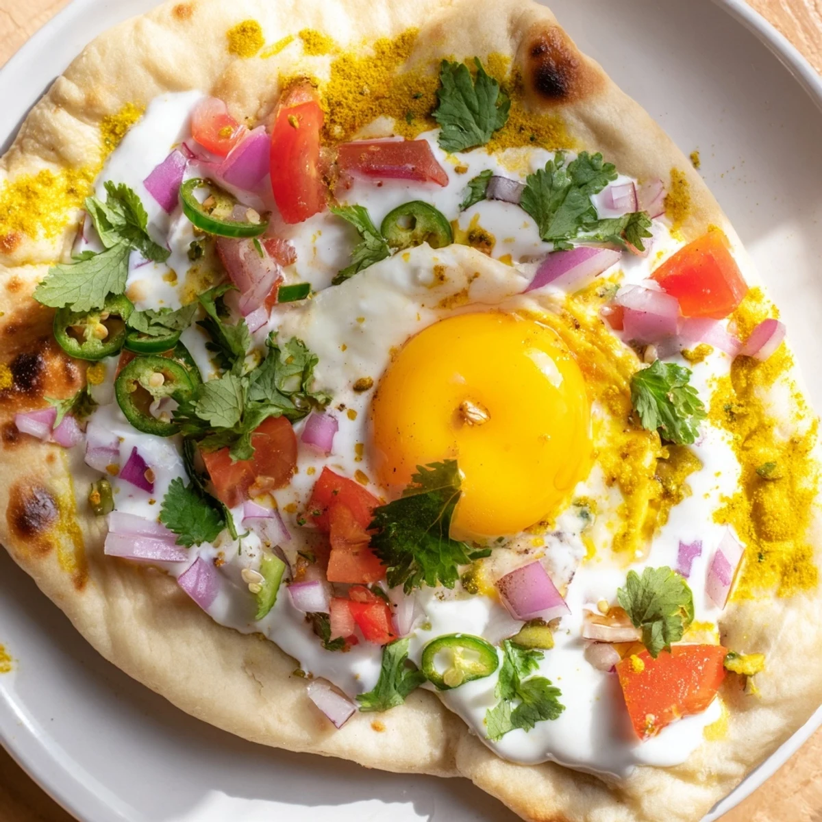 This Curried Fried Egg Open Naan shows spiced eggs on soft naan, garnished with red onion and green chili for heat.