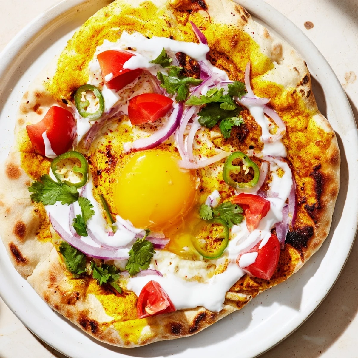 Curried Fried Egg Open Naan features golden fried eggs with runny yolks, vibrant spices, and a cool yogurt drizzle for brunch.