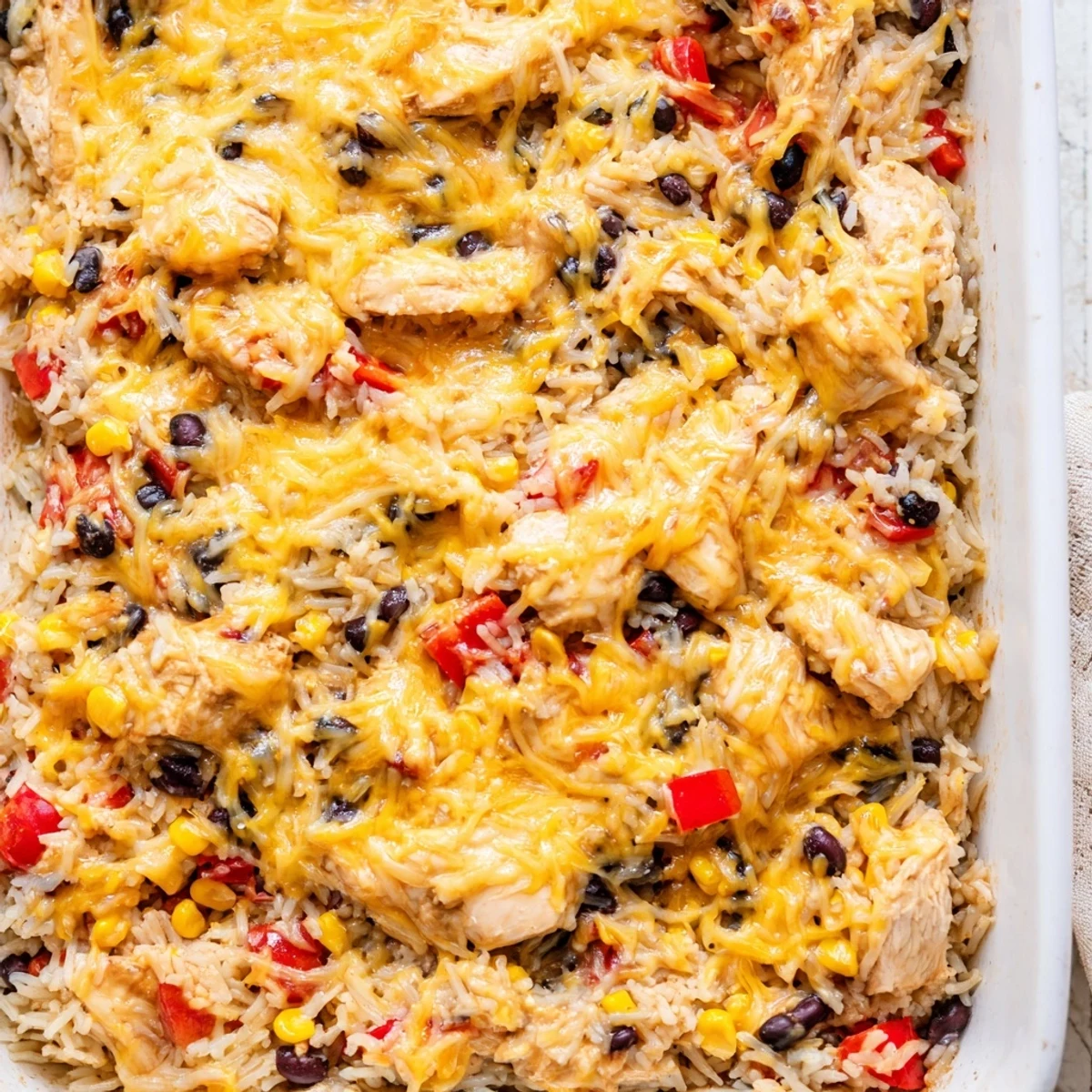 Fork-tender Mexican Chicken and Rice Bake shows golden cheese, diced peppers, and lime wedges.