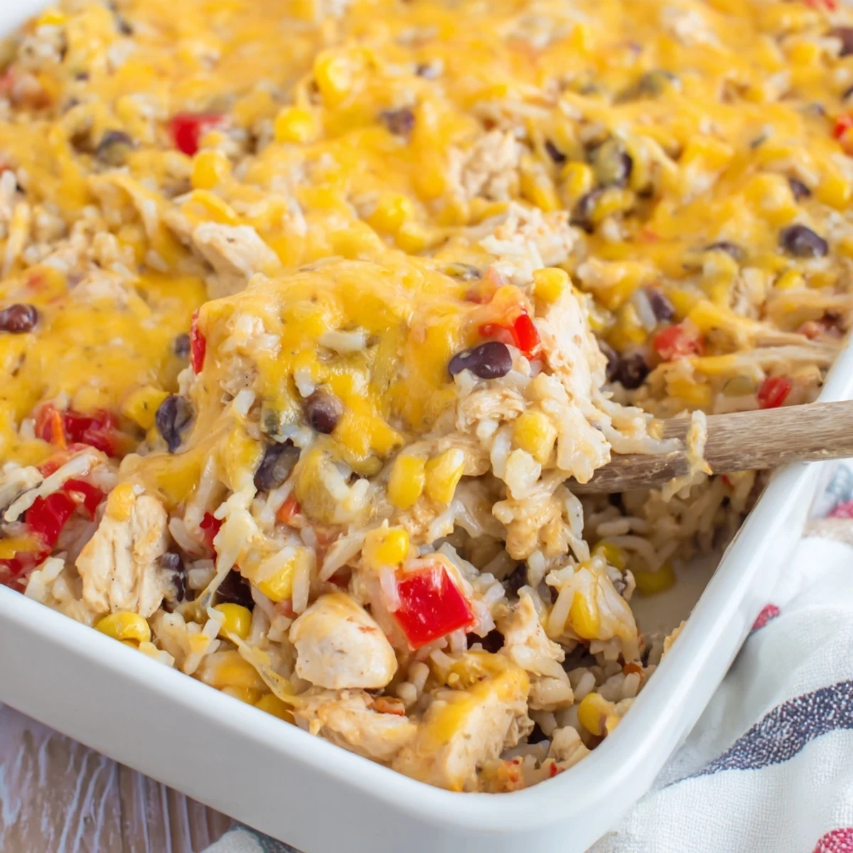 Family-style Mexican Chicken and Rice Bake casserole in baking dish topped with sour cream and jalapeños.