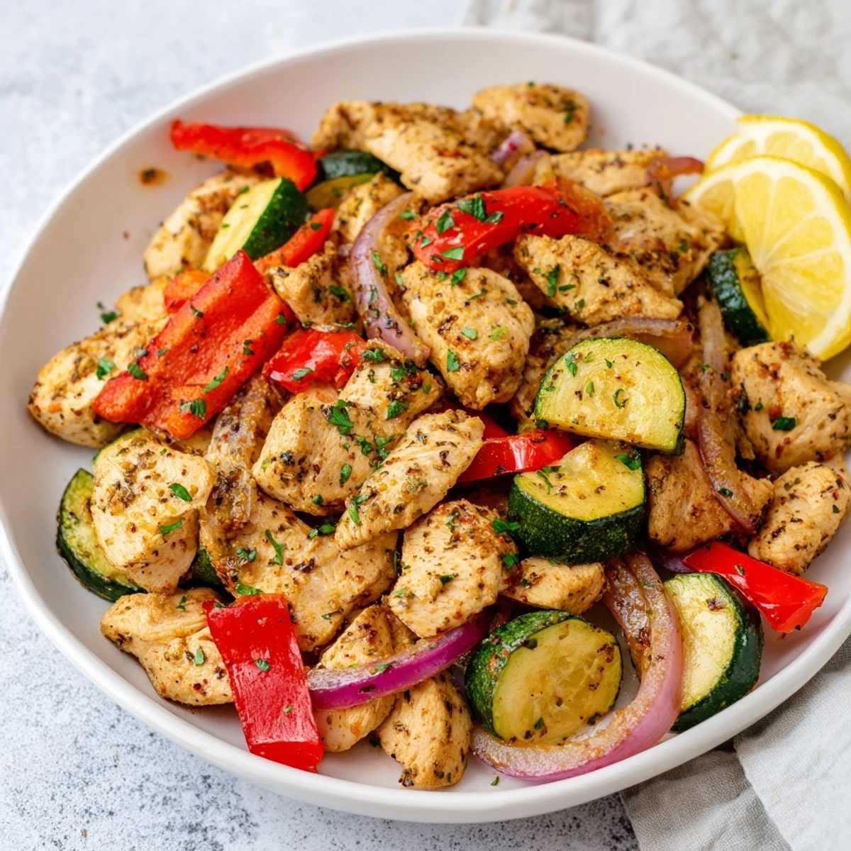 Golden-brown chicken strips, red bell pepper, and zucchini sizzling in a skillet for Mediterranean Chicken Stir Fry garnished with fresh parsley.