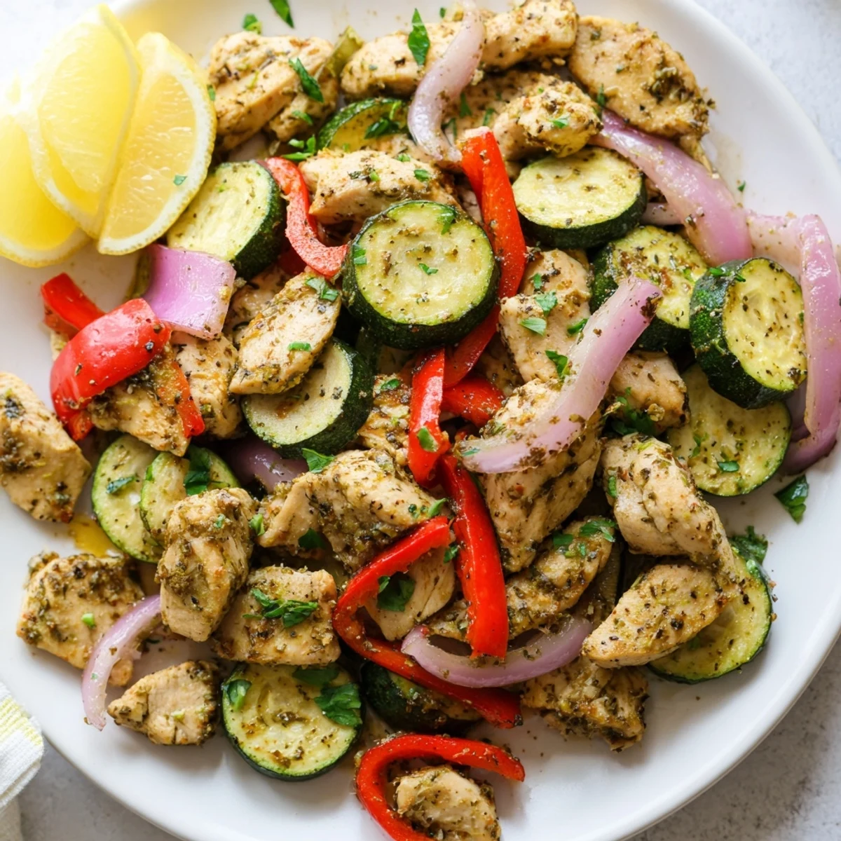 A close-up view of Mediterranean Chicken Stir Fry with tender chicken, vibrant vegetables, and lemon wedges ready to serve over fluffy quinoa.