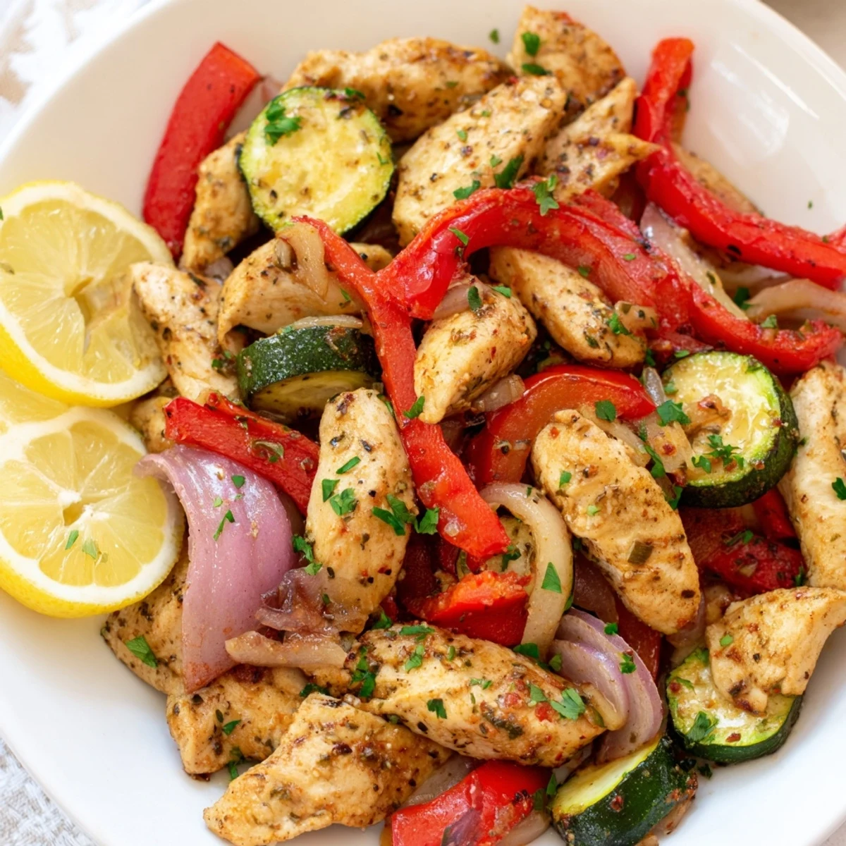 Steam rising from a pan of Mediterranean Chicken Stir Fry featuring juicy chicken, crisp bell pepper, and zucchini with a drizzle of olive oil.