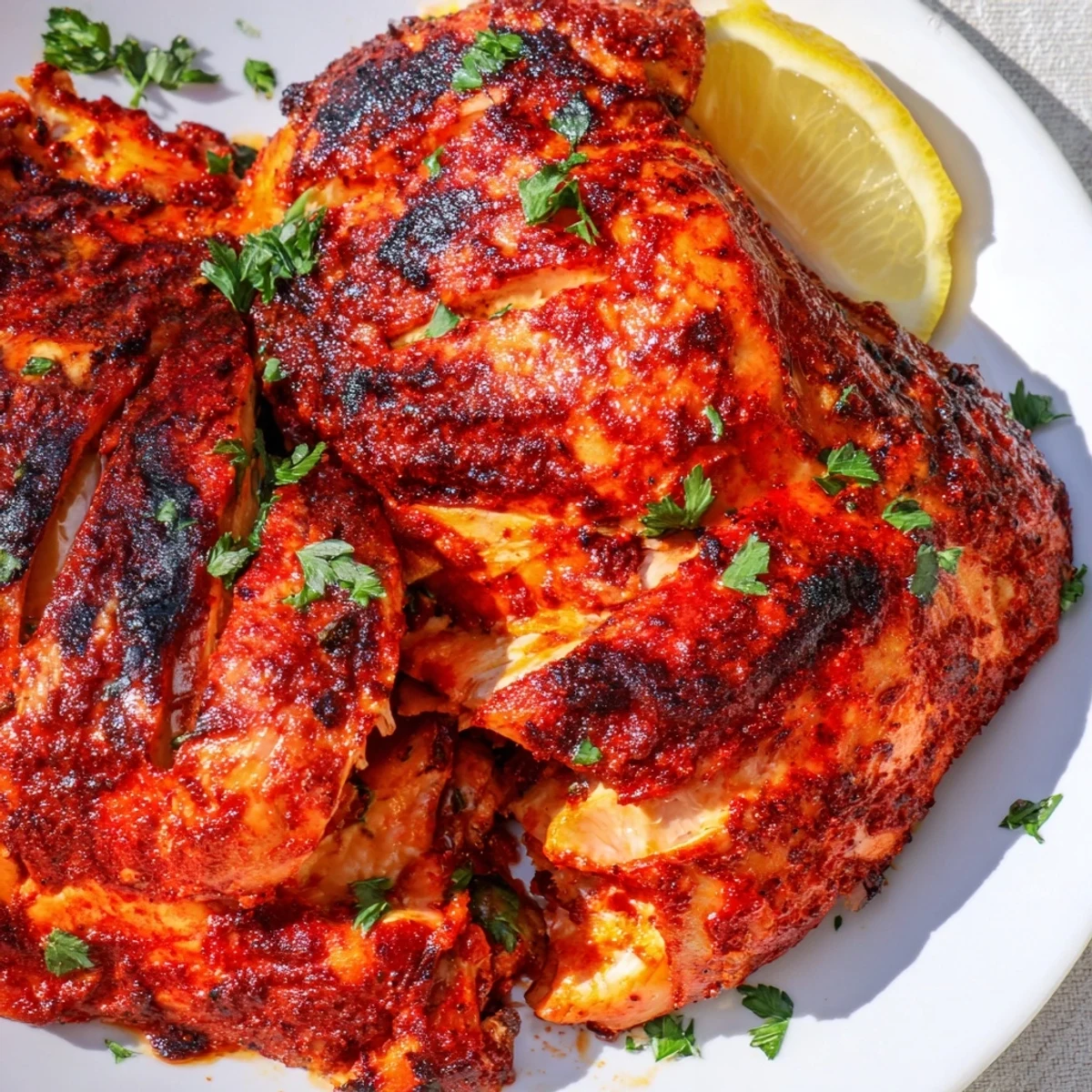 Sizzling Peri Peri Chicken Portuguese Style fresh off the grill, glistening with charred edges and zesty red marinade.