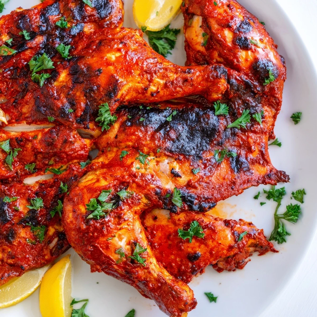 Juicy Peri Peri Chicken Portuguese Style plated with lemon wedges and parsley, offering a spicy, smoky aroma.