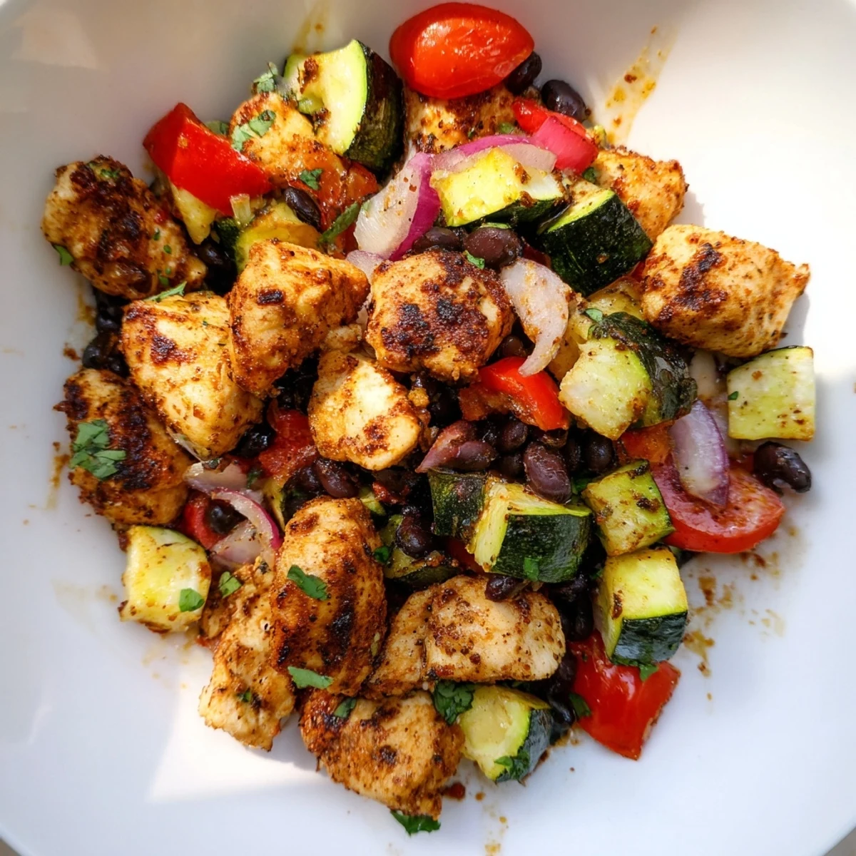 Golden Tex Mex Chicken and Zucchini with melted cheese, black beans, and fresh cilantro in a skillet