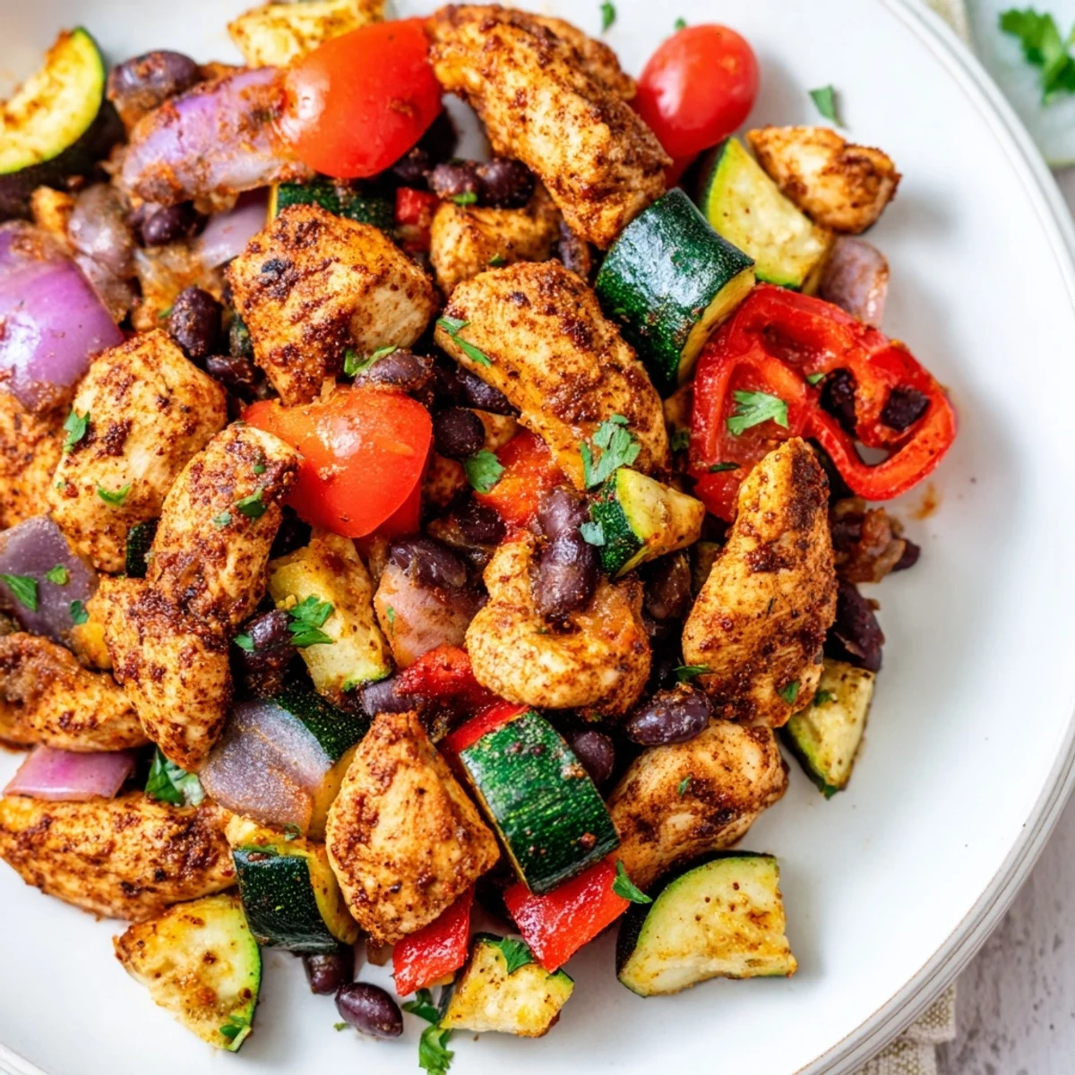 Plated Tex Mex Chicken and Zucchini served with lime wedges, rice, and warm tortillas on a table