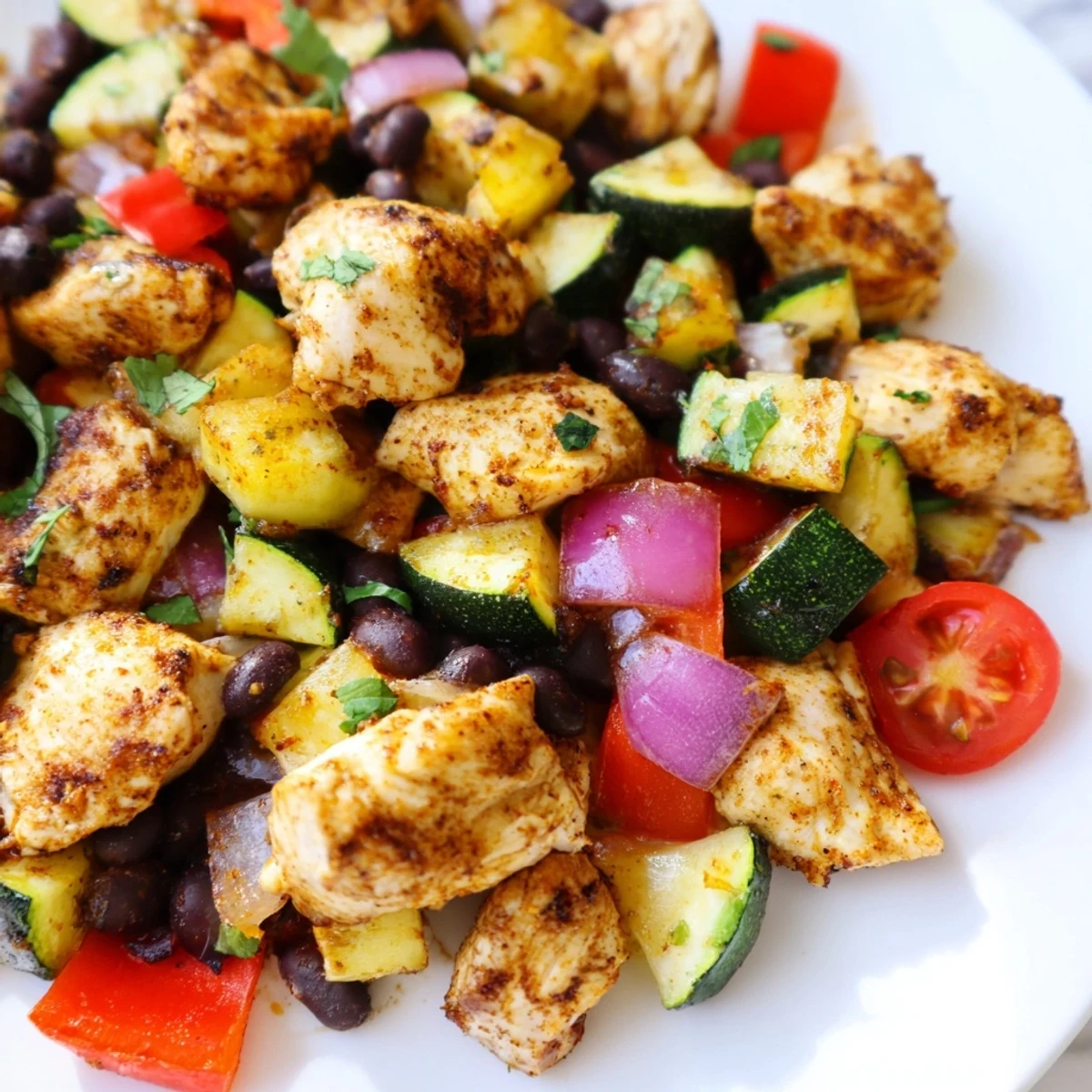 Sizzling Tex Mex Chicken and Zucchini with tender zucchini, red bell peppers, and juicy chicken pieces in a pan