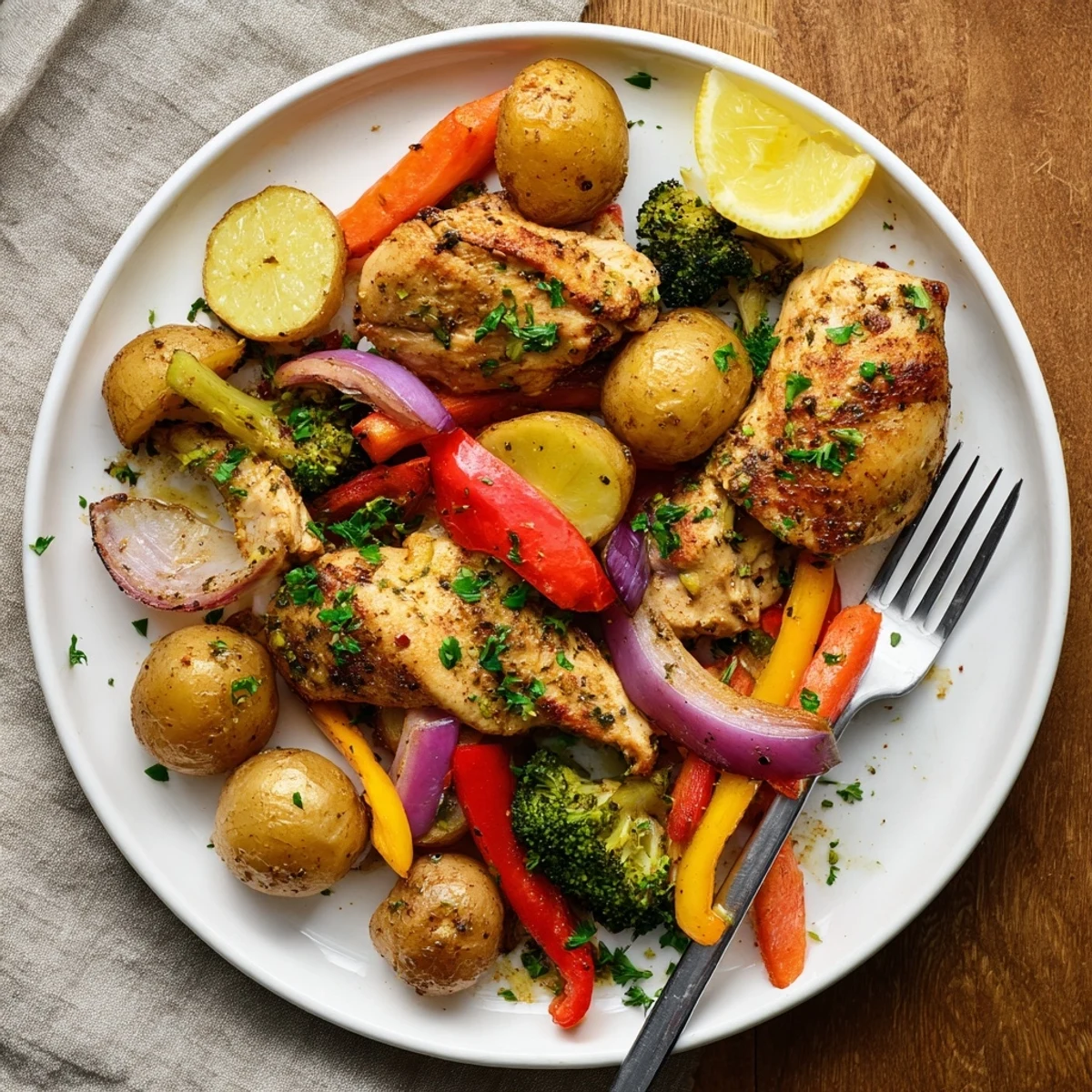 Freshly roasted Sheet Pan Lemon Herb Chicken and Vegetables with tender potatoes and colorful peppers on a baking sheet. 