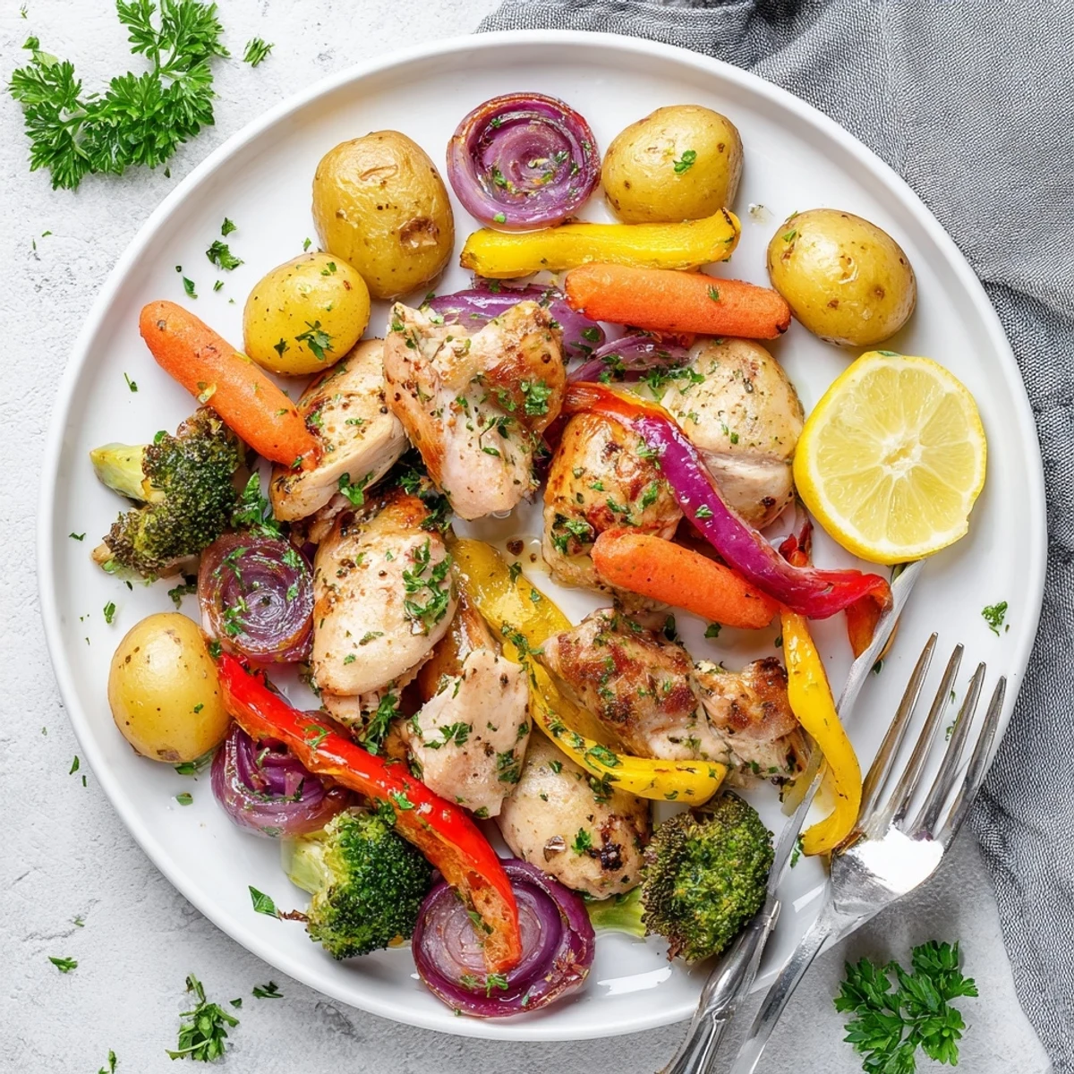 Golden-brown Sheet Pan Lemon Herb Chicken and Vegetables surrounded by crisp broccoli and carrots, garnished with parsley. 