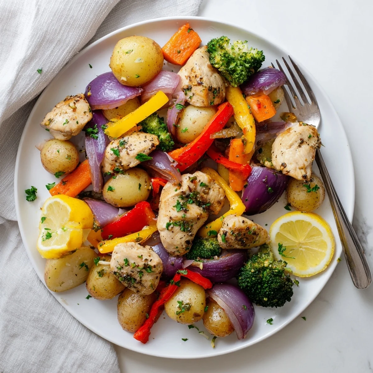 Sizzling Sheet Pan Lemon Herb Chicken and Vegetables served straight from the oven with lemon wedges for brightness.