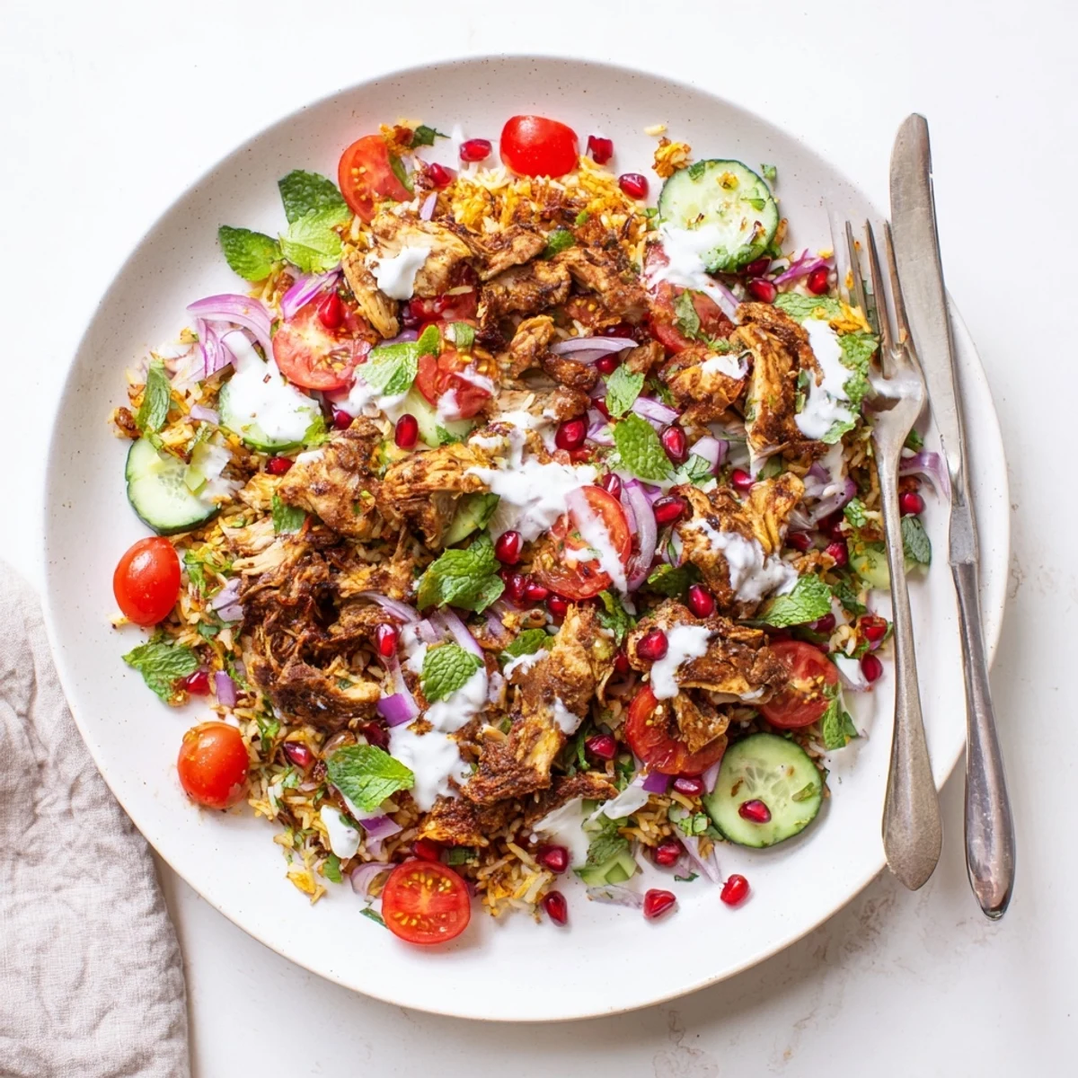 Colorful bowl of Chicken Shawarma Crispy Rice Salad garnished with parsley, drizzled creamy yogurt-tahini dressing, and speckled with bright pomegranate seeds.