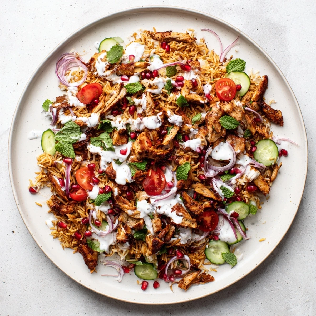 Fork-tender shawarma chicken and golden crispy rice rest beside fresh mint, cucumbers, and pomegranate seeds in Chicken Shawarma Crispy Rice Salad.