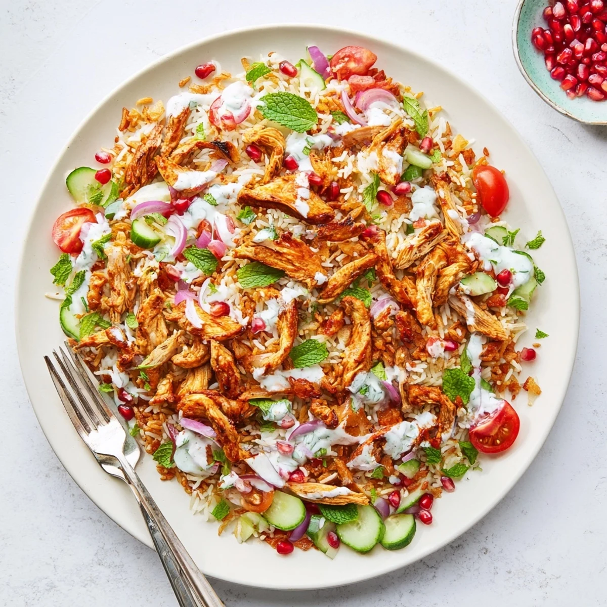 Overhead view of Chicken Shawarma Crispy Rice Salad featuring juicy spiced chicken, crunchy rice, and diced vegetables on a rustic wooden table.