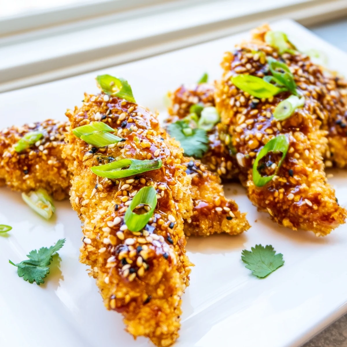 Golden-baked Thai Sticky Chicken Fingers glistening with a sweet and spicy sauce, garnished with green onions and sesame seeds.