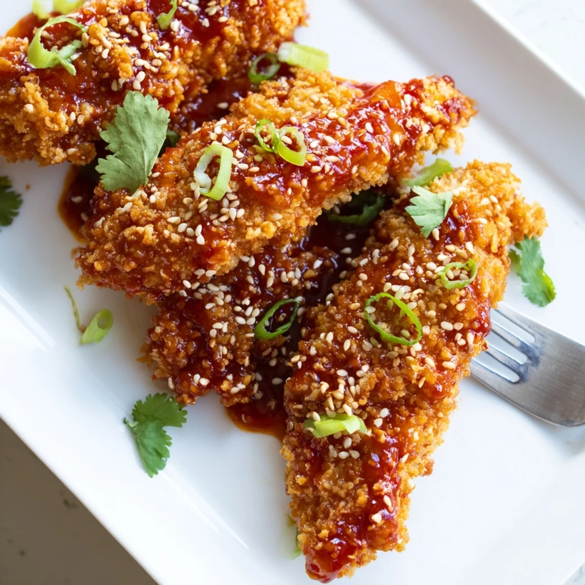 Crispy Thai Sticky Chicken Fingers served on a platter with cilantro and sesame, ready to be dipped for an appetizer.