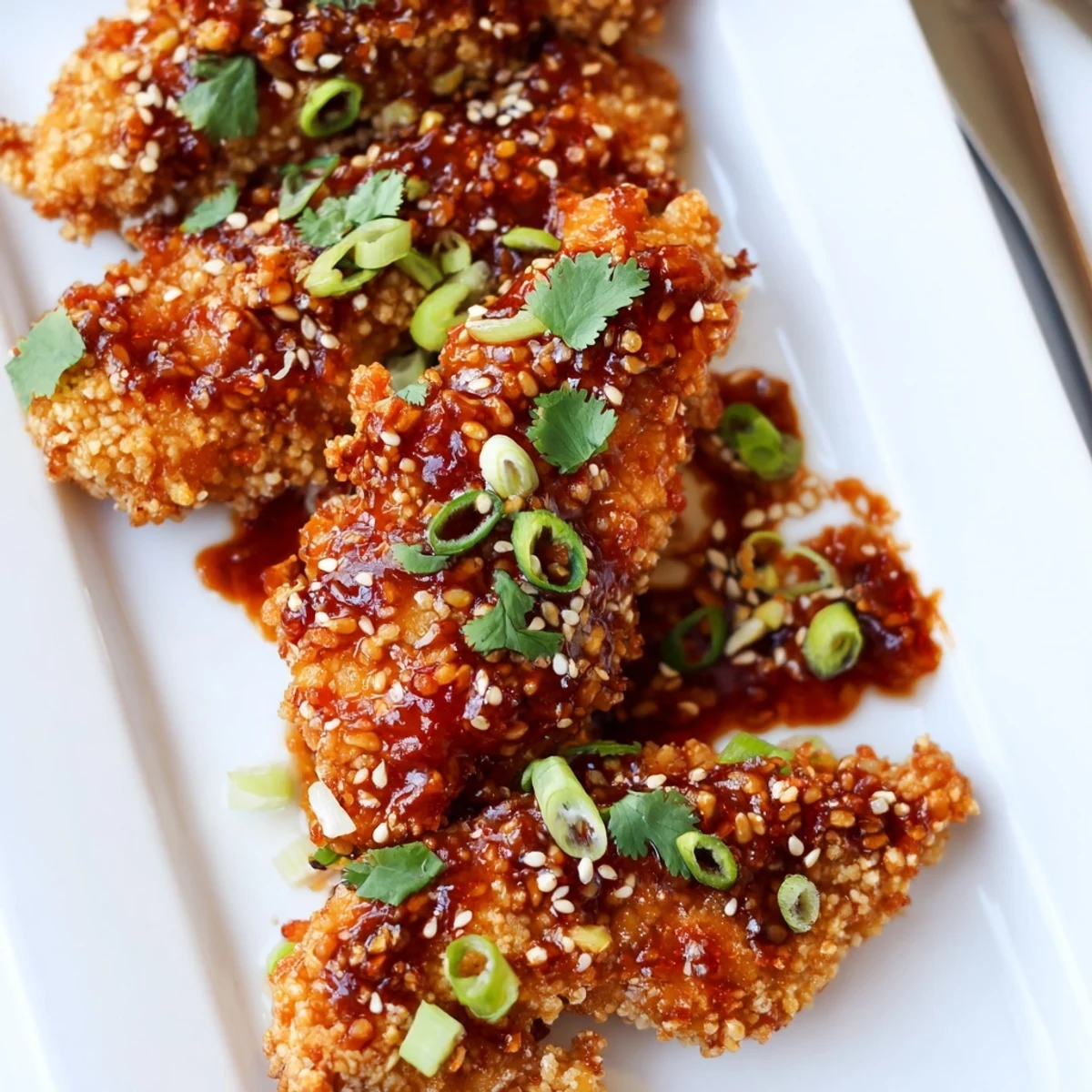 A close-up of Thai Sticky Chicken Fingers tossed in a glossy sauce, highlighting the crunchy panko coating and fresh garnish.