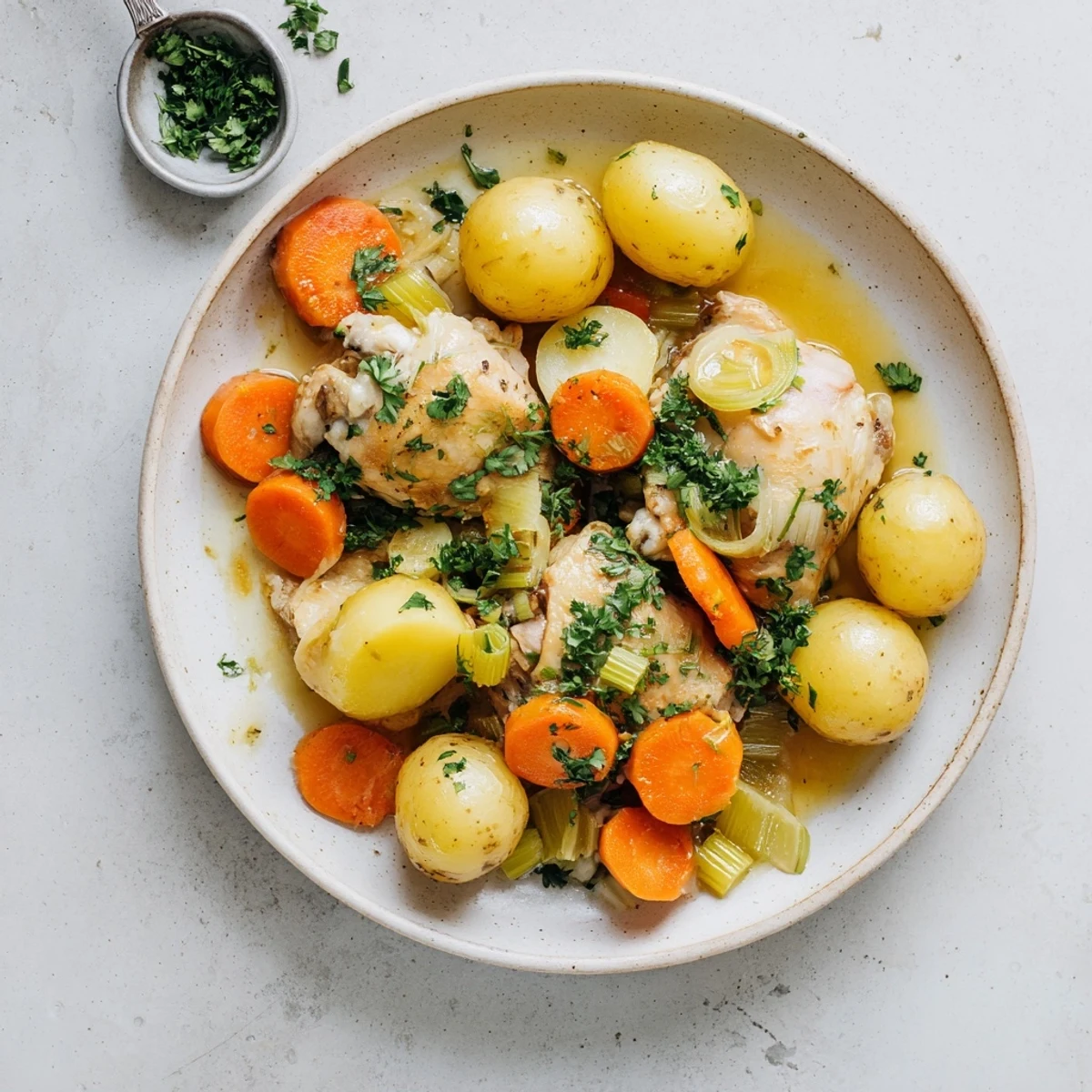 Moist, shredded Healthy Savory Slow Cooker Chicken served over steamed greens with bright parsley garnish.