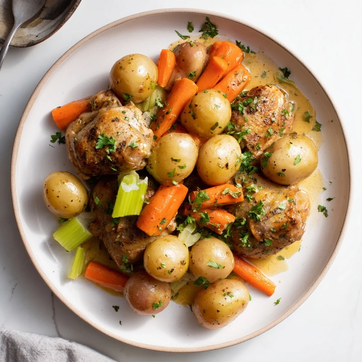 Fragrant Healthy Savory Slow Cooker Chicken with tender thighs, carrots, and potatoes in a rich, herb-infused sauce.