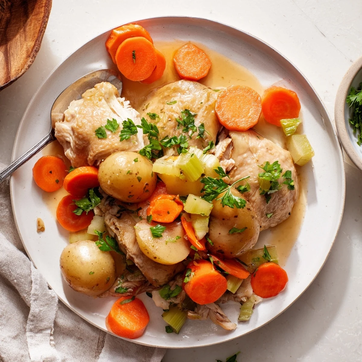 Golden-brown Healthy Savory Slow Cooker Chicken releasing savory aromas, surrounded by slow-cooked vegetables and a glossy sauce.